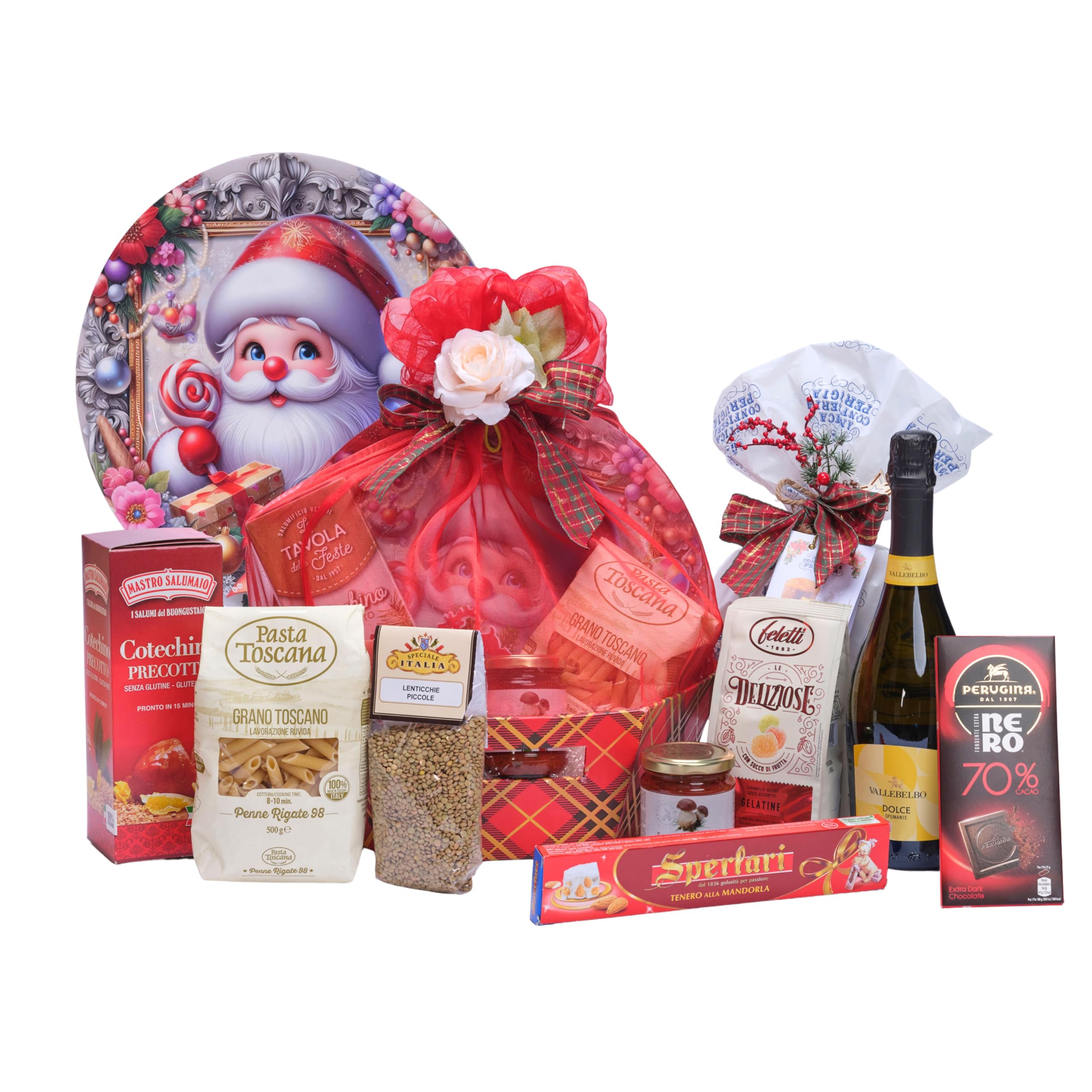 Cesti Natalizi Speciale Italia – Cesto Natalizio Gastronomico Tulle, Confezione Regalo Natale con Panettone da 500g, Prodotti Gastronomici e Dolciari, 10 pezzi