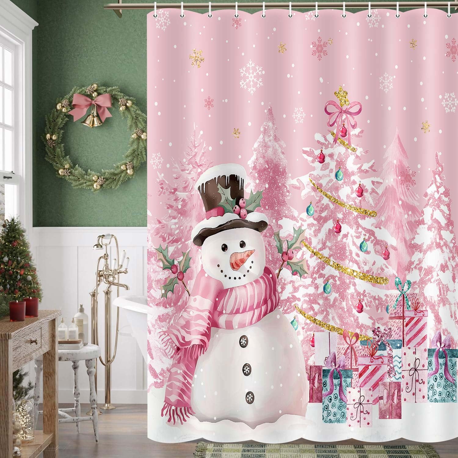 Wathon Christmas Snowman Shower Curtain Pink Christmas Bath Curtain with Snowflake Snowy Pine Tree, Cute Fun Luxury Winter Xmas Holiday Bathroom