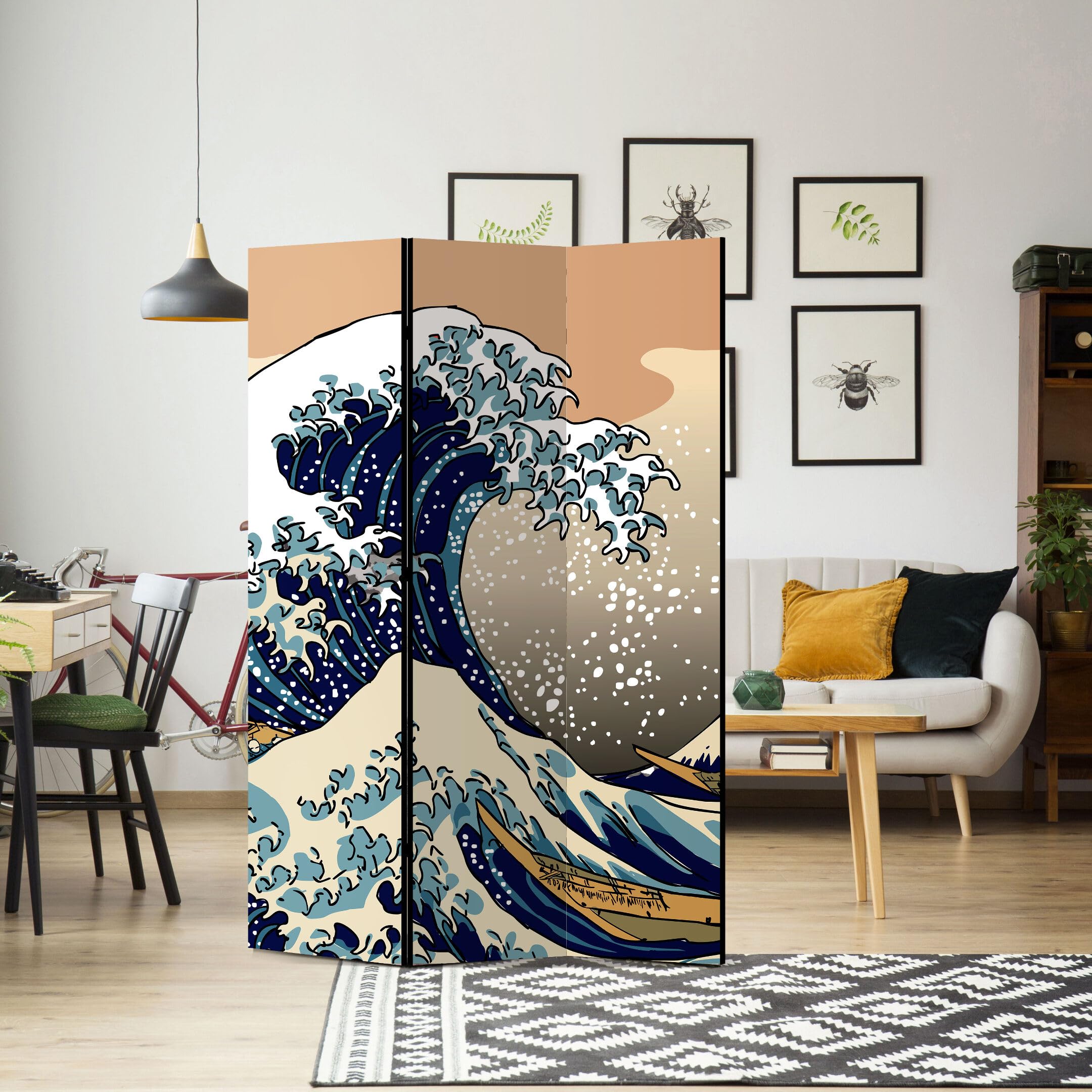 Separe Divisorio Interno Monofacciale - Paravento da Interno 3 Pannelli Divisorio per Ambienti - Divisori per Interni con Motivo Giapponese - 135x172 cm