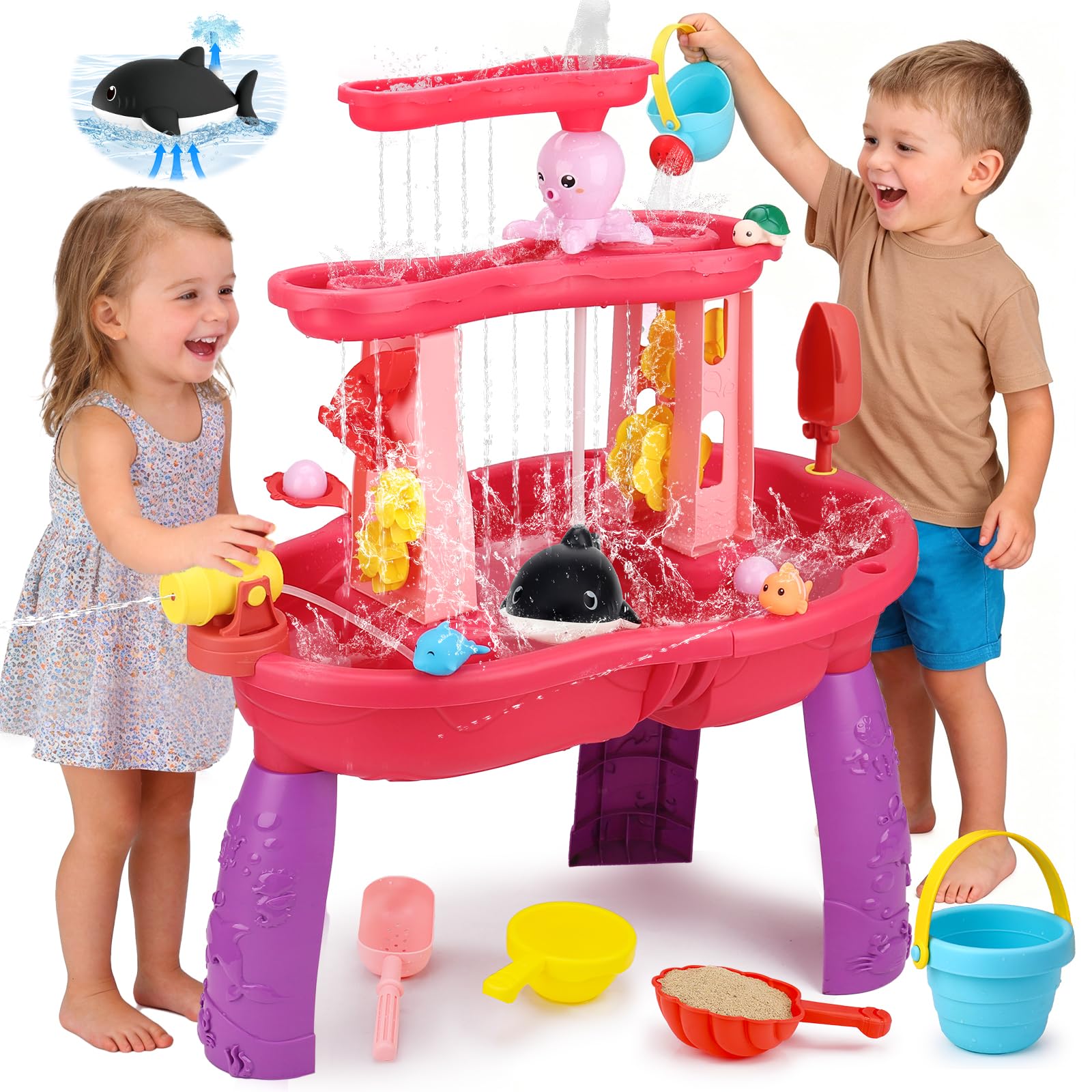 Photo 1 of 2026 Water Table for Toddlers 1-3 3-5 with Pump, 3-Tier Outdoor Sand Water Play Table Toys for Kids Ages 4-8 Outside Activity Sensory Summer Beach Pool Backyard Splash Pond Toys for Boys Girls Gifts