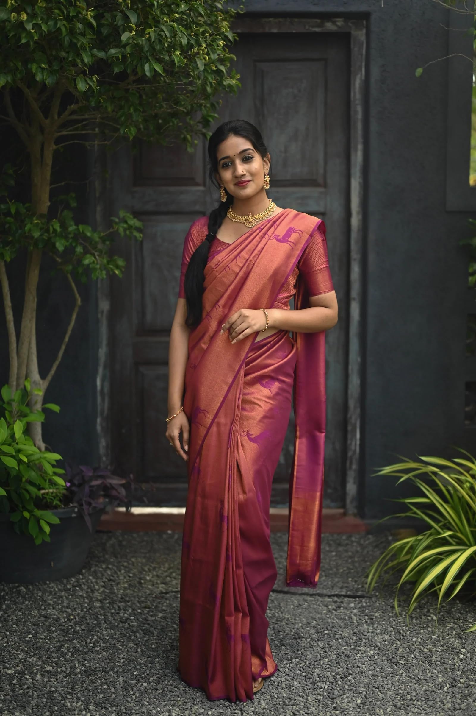 Anjaneya Sarees Designer Silk Banarasi Kanjivaram Solid Saree (Red) 1