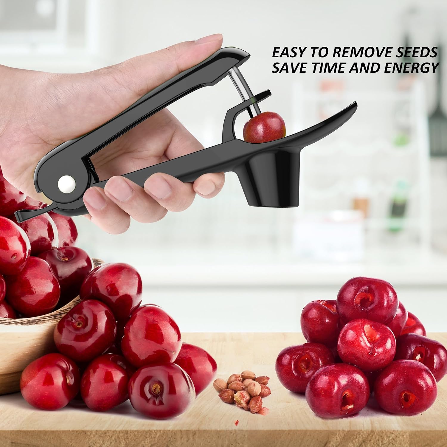 Cherry Pitter - Cherries Corer U-Shaped Stainless Steel Pitter Tool with Labor-saving Design, Remove Cherry Seed in 1S with Space/Safe Lock Design for Making Cherry Jam (Black)