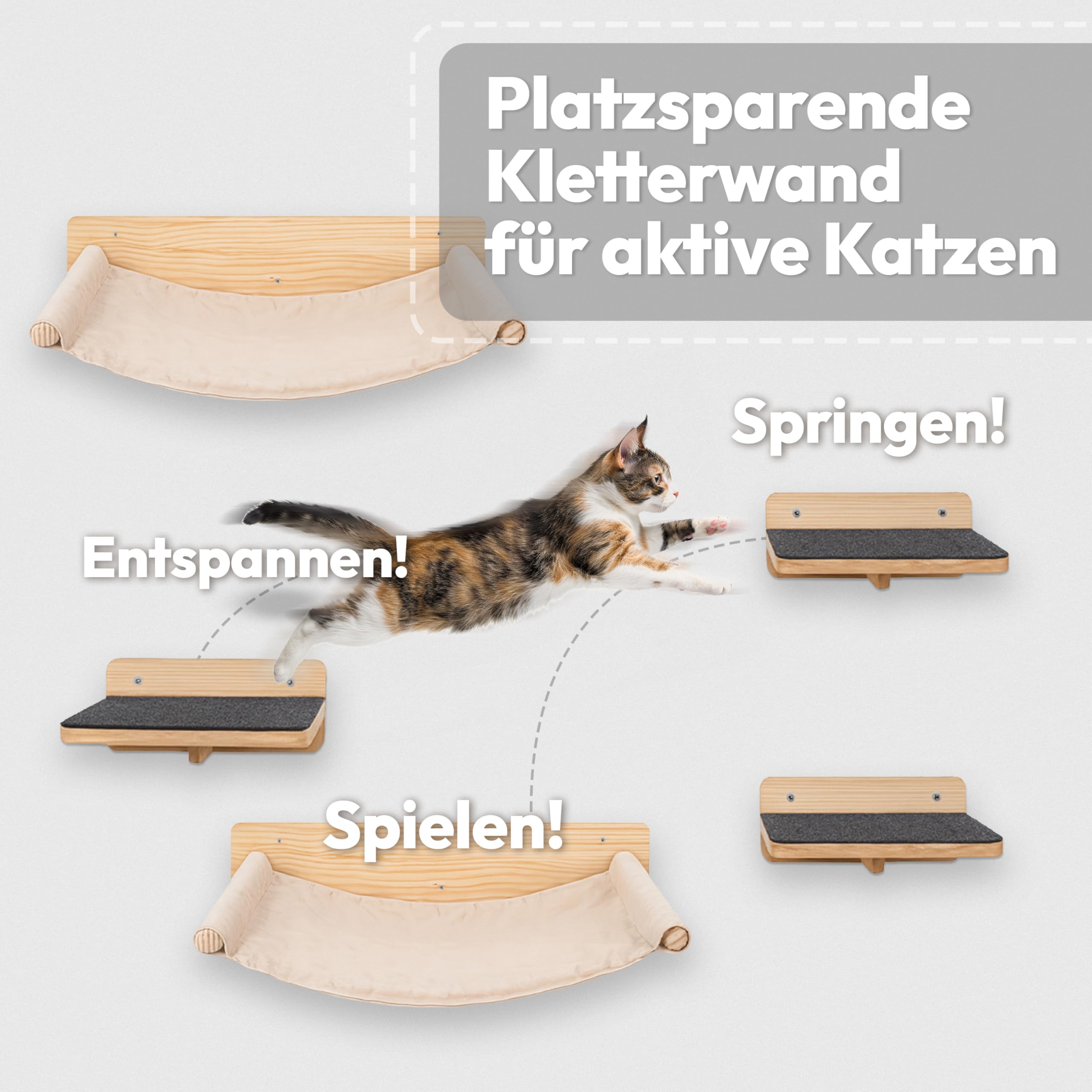 Katzen Wand-Hängematten Set – 2 Hängematten & 3 Plattformen aus Massivholz & Sisal Modularer Katzen Kletterwand-Turm für Wandmontage stabile Schlafplätze & Kletterwege