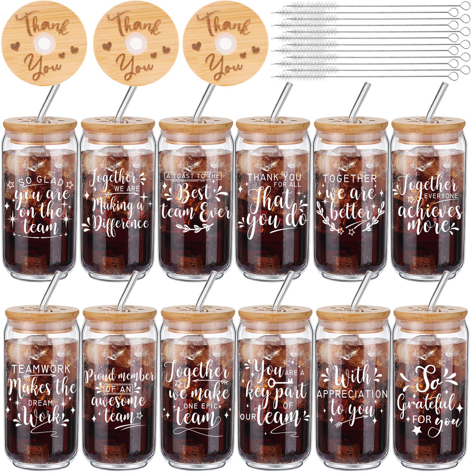 Tioncy Lot de 12 verres à bière en forme de canette de 473,6 g avec couvercles en bambou, pailles, brosses, verres à boire pour homme et femme