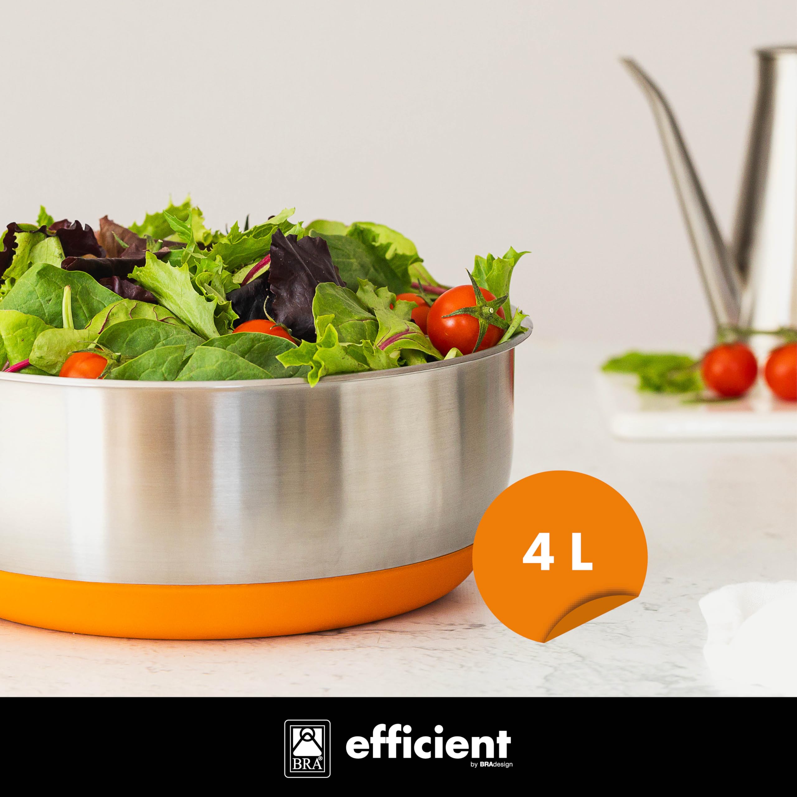 BRA Efficient | Centrifugadora de ensalada, Acero Inoxidable 18/10 con base de Silicona Antideslizante, Capacidad 4 L, Apto como Bol para Servir