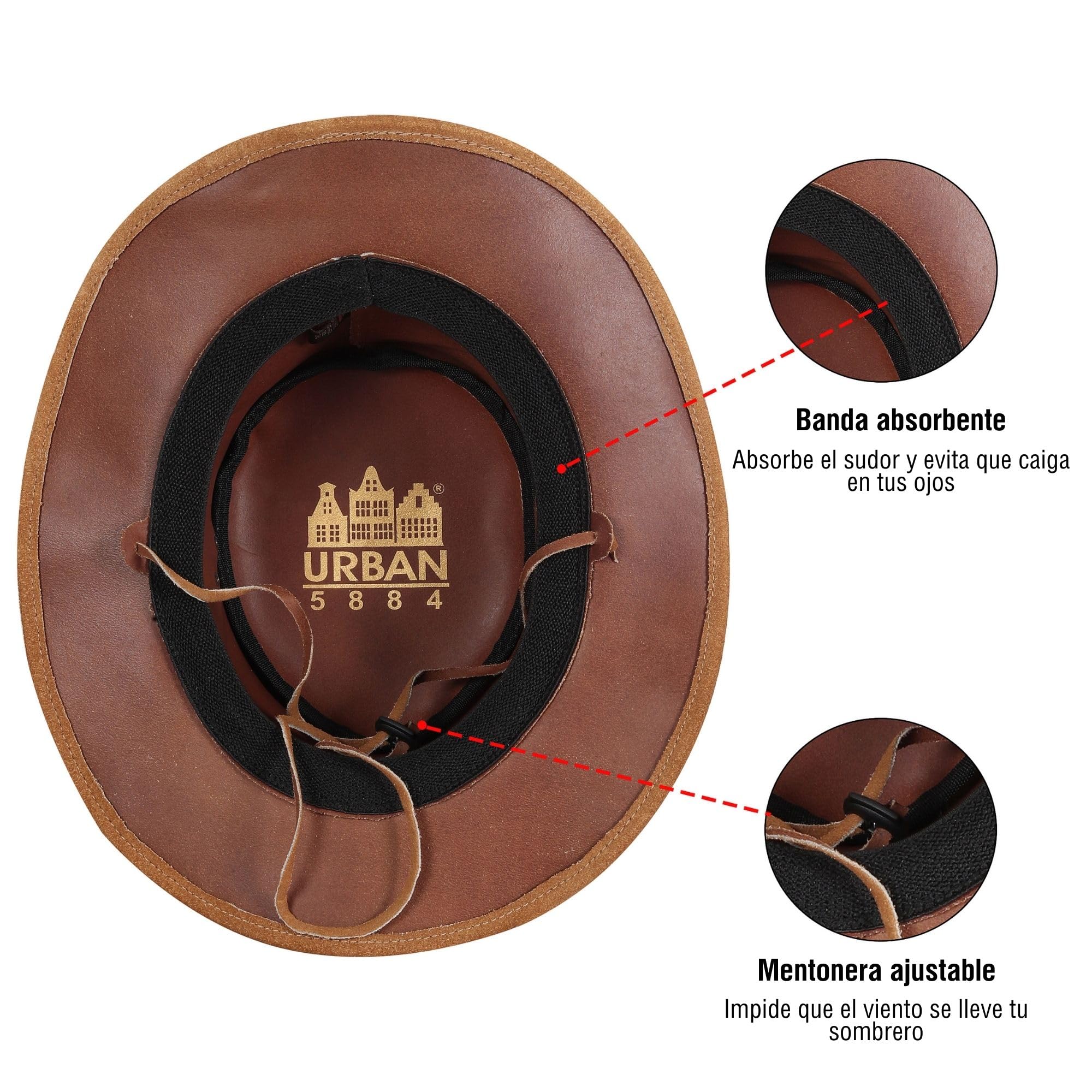 URBAN 5884 Sombrero Vaquero de Cuero de Ante Auténtico, Sombrero Cowboy para Hombre/Mujer, con ala Ancha y Barboquejo Ajustable