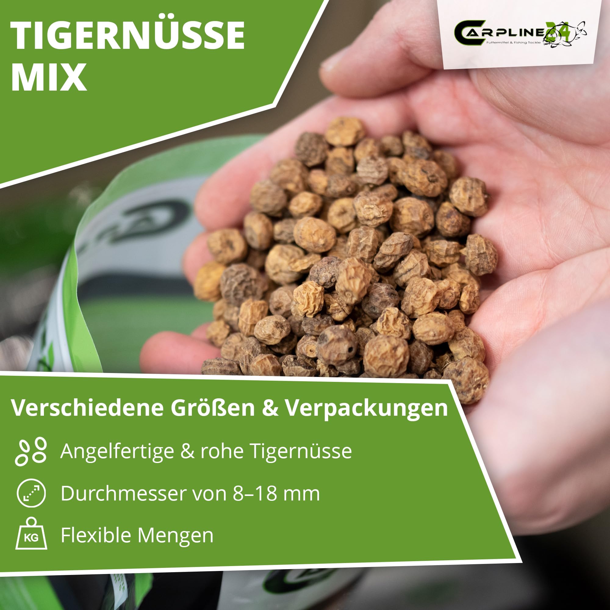 Tigernüsse Mix - 20 Kg - 8 bis 18 mm, Tigernuss Angelköder für Karpfen, zum Anfüttern & Angeln, Grundfutter, Carp Baits, Fischfutter & Karpfenköder, geringer Beifang