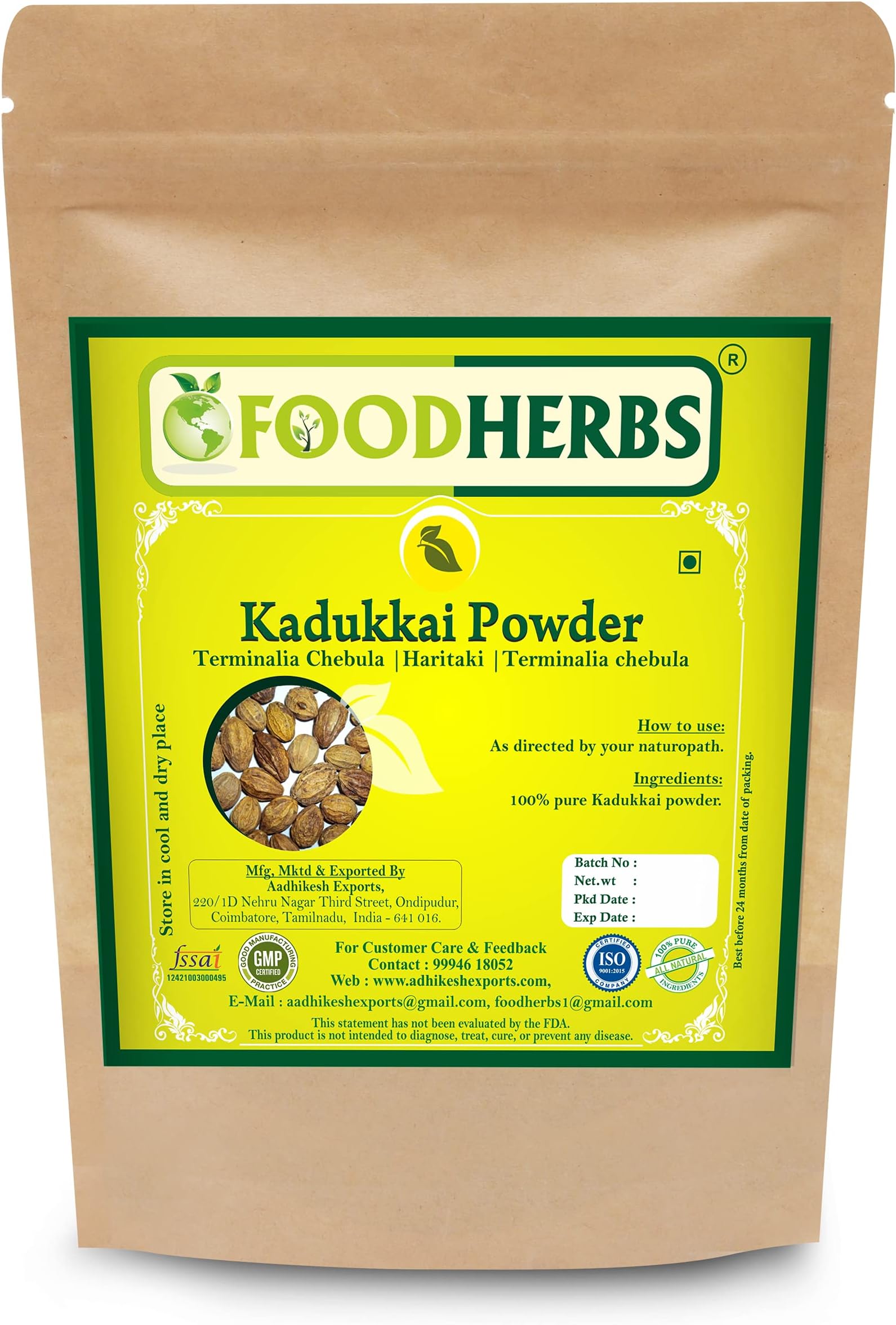 Foodherbs Haritaki Powder 200 GMS/Kadukkai/Terminalia Chebula/Seed Less