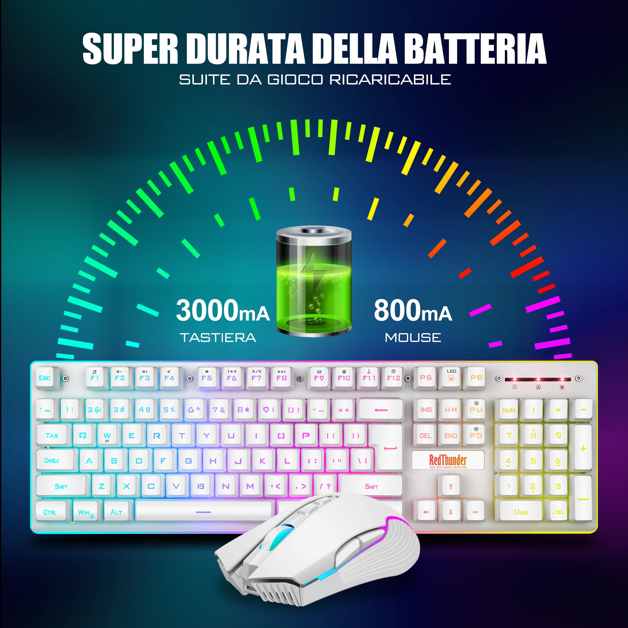 RedThunder K10 Set Tastiera e Mouse da Gioco Wireless, Retroilluminazione a LED, Batteria Ricaricabile da 3800 mAh, Sensazione Meccanica, Anti-ghosting+Mouse 7D 3200DPI, Layout IT, Giocatori PC-Bianco