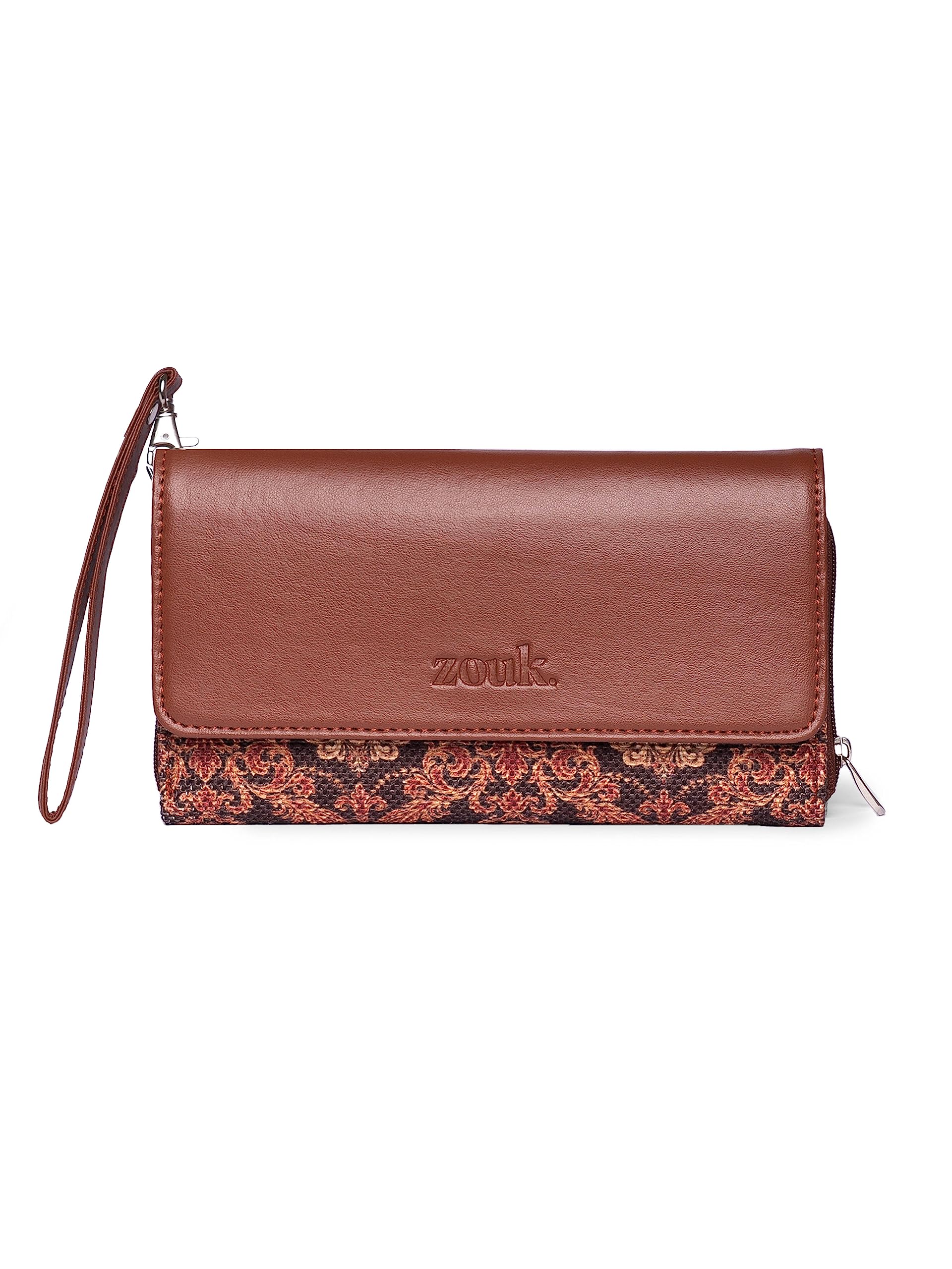 ZOUKJodhpur Damask Motif Printed Women's Jute Handcrafted Vegan Leather Brown Wristlet Wallet