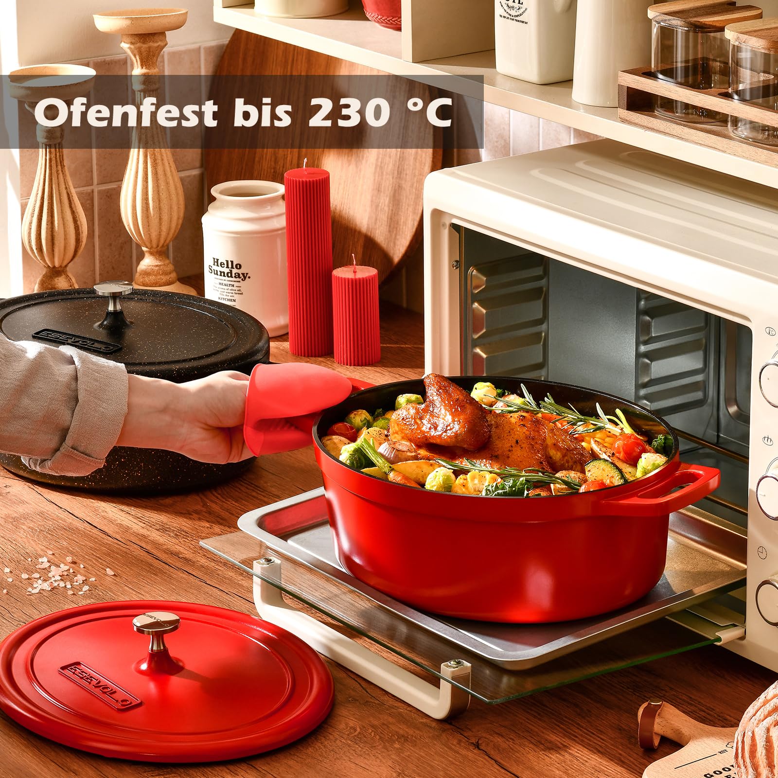 Bräter Oval mit Deckel groß Schmortopf Induktion 38 cm 11 L Brot Backen Dutch Oven Stil, leichter als Gusseisen Topf, Aluguss mit Keramik-antihaftbeschichtung, für Schmoren Braten, Rot