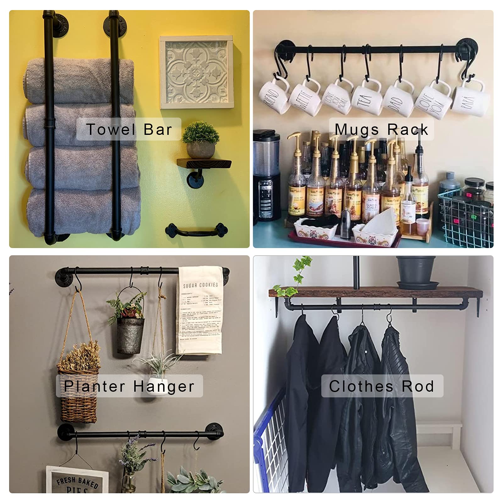 33.4 inch Industrial Pipe Towel Bar with 3 Hook, Wall Mount Black Bath Towel Rod, Rustic Farmhouse Towel Rack Holder for Bathroom 3
