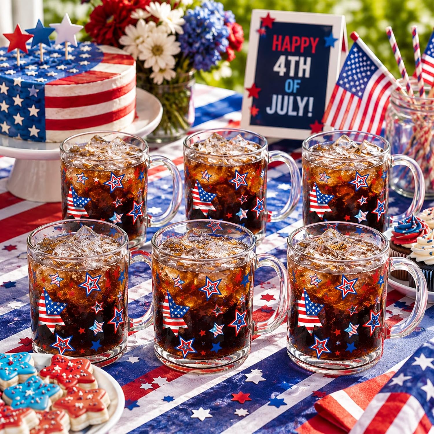 Hushee 6 Pack Patriotic Glass Mug with Handle 12oz 4th of July Coffee Cup 250th Anniversary Glass Cup Red White Blue Drinking Glasses Gift for Independence Day Memorial Day Hot Cold Beverage Water