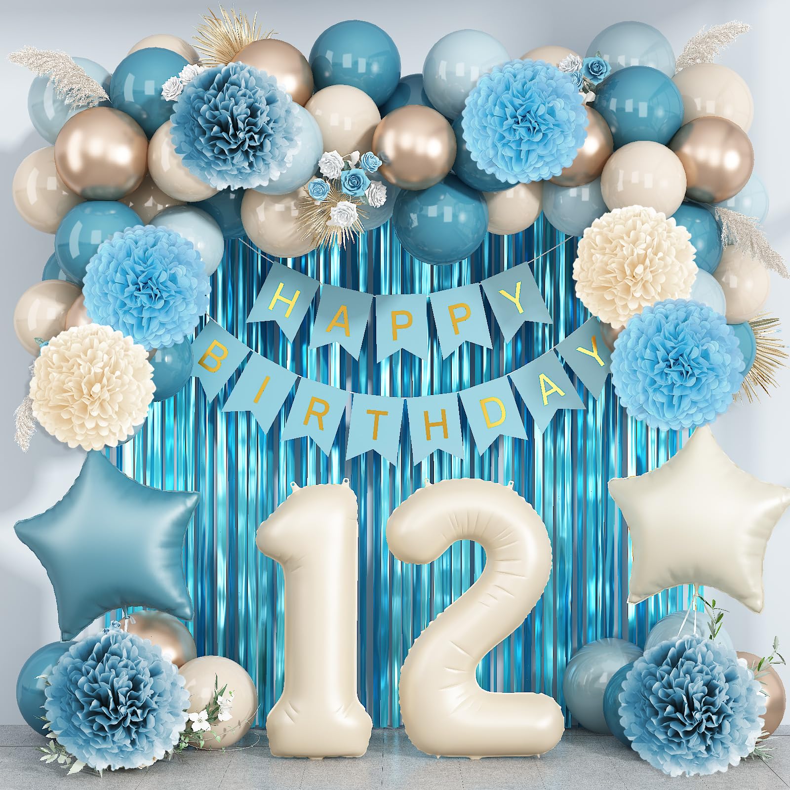 Dusty Blue 12th Birthday Party Decorations Boys Beige Number 12 Balloon