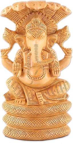 Miniatura 1 de NOVICA Escultura de madera hecha a mano Ganesha y serpiente Kadam de la India, animal marrón, hinduismo, religioso, elefante, serpiente 7.75