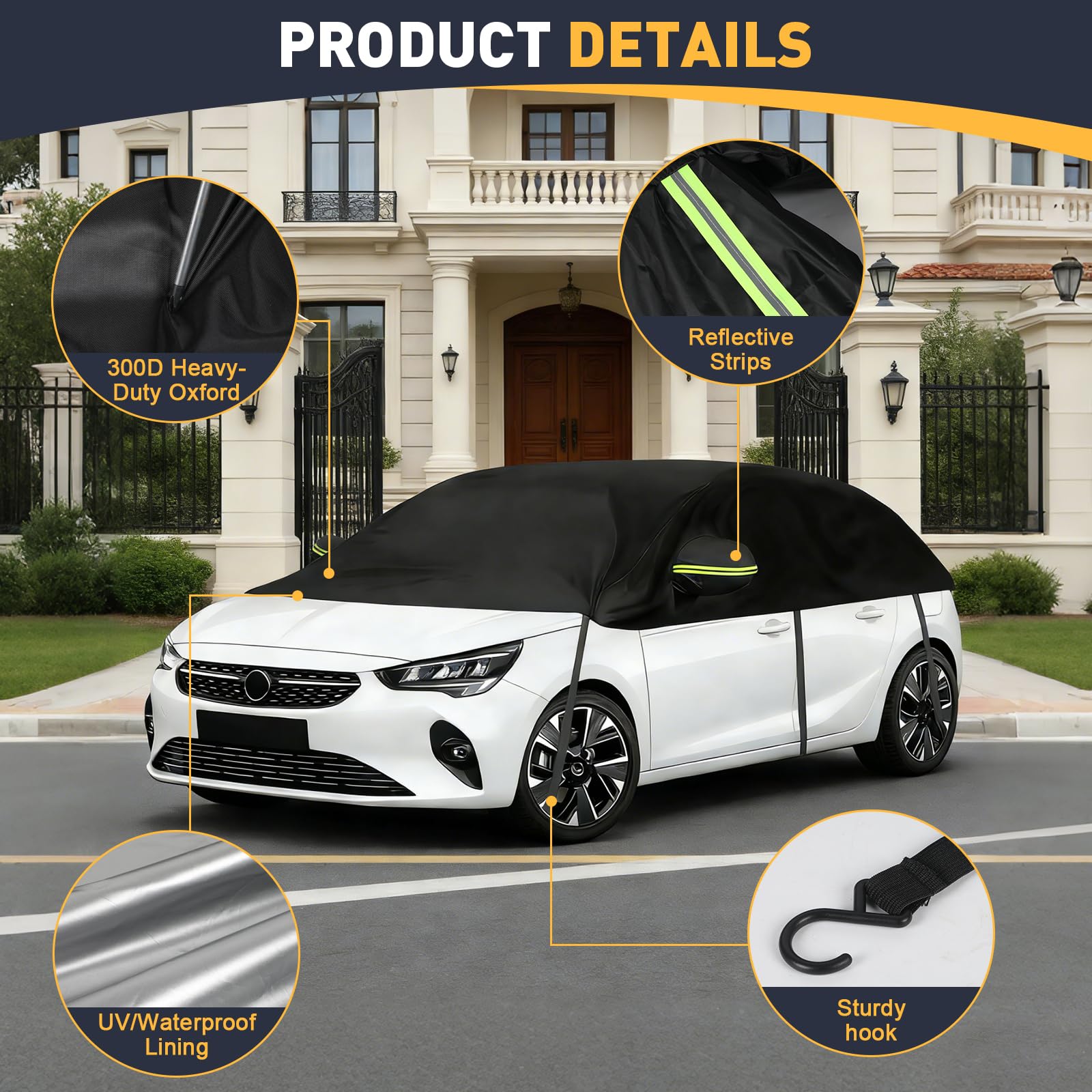 Halbe Autoabdeckung Ersatz Passend für Opel Corsa D Renault Clio VW Golf VW Polo, Universelle Sonnenfest Hälfte Halbgarage, Wasserdicht Auto Halbgarage, UV-Beständige Regen Sonne Staub Schutz