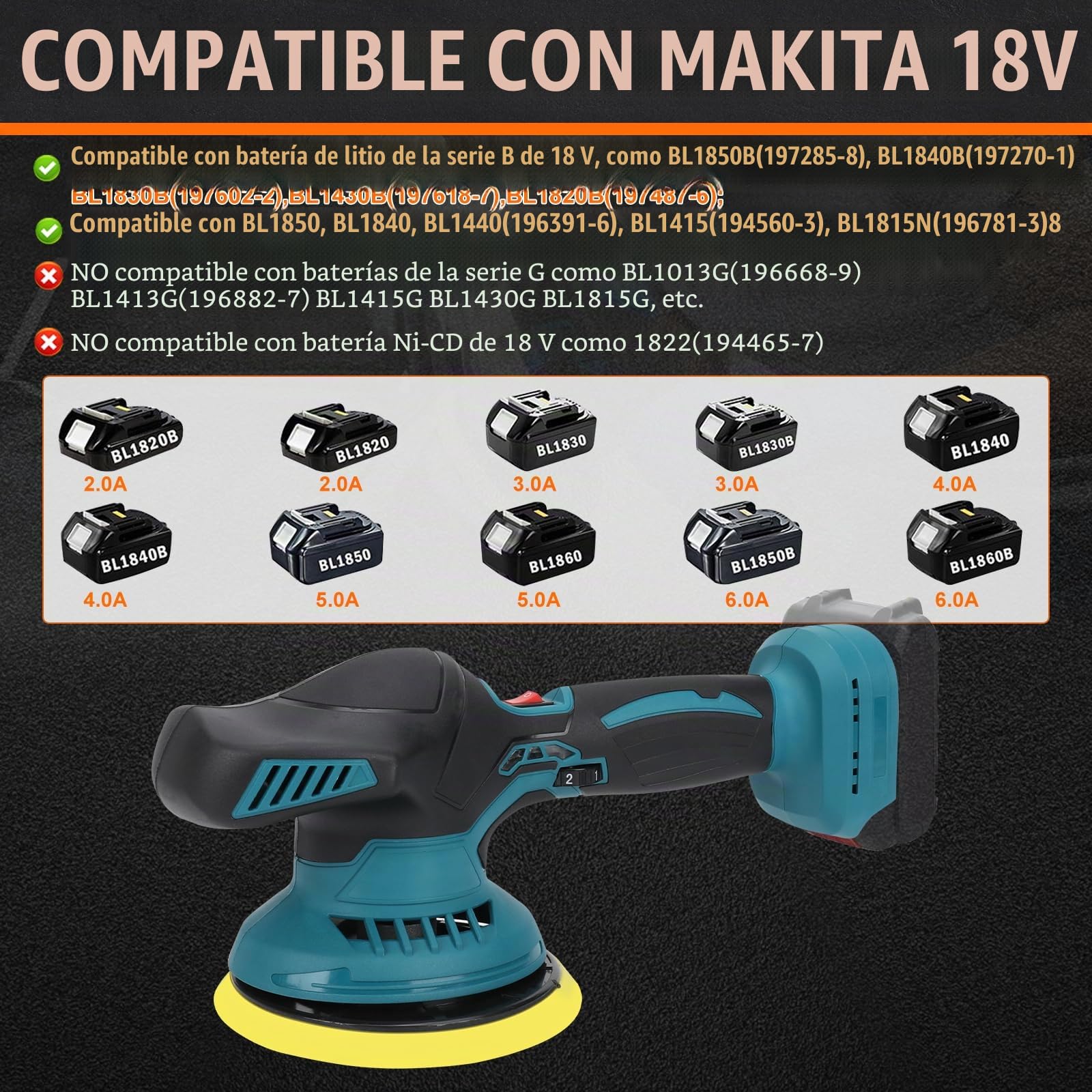 Pulidora a batería compatible con Makita 18V batería, pulidora de coche 15cm con 12 accesorios, pulidora excéntrica de 6 velocidades variables 2500-5000RPM para detallar/pulir (sin batería)