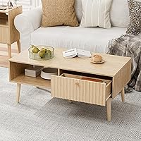 Vista 1 de Coffee Table with Storage, Boho Dining Table with Fluted Drawer and Solid Wood Legs, Small Coffee Tables for Living Room, Oak