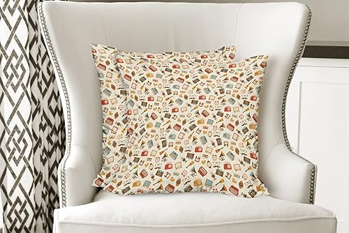 Miniatura 7 de Ambesonne Juego de 2 fundas de cojín vintage con patrón retro, reloj despertador, máquina de escribir, gramófono, radio, casete con cremallera,