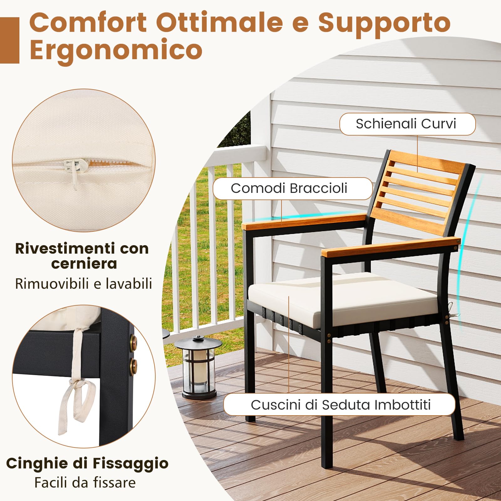 COSTWAY Tavolo Allungabile e 6 Sedie da Esterno, Pranzo da Giardino in Legno Massello, Tavolo con Foro per Ombrellone e Poltrone con Cuscini, Schienale e Braccioli, per Balcone e Cortile