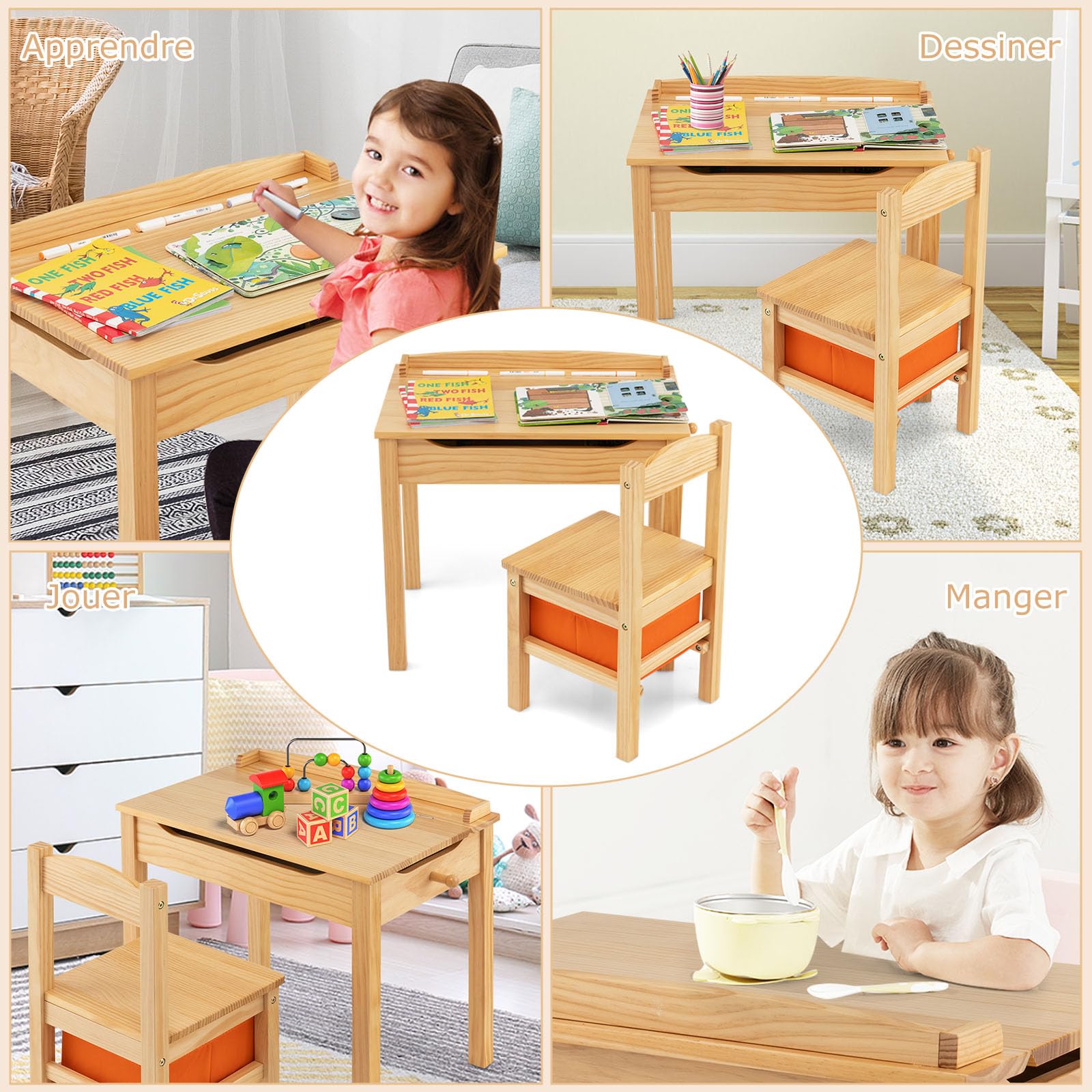 DREAMADE Bureau et Chaise Enfants 59x40x55CM en Bois,Table d'Étude Enfant 3+Ans,Plateau Rabattable,Crochet,Table et Chaise avec Tiroir en Tissu pour Fille Garçon,Charge 70KG (Naturel)