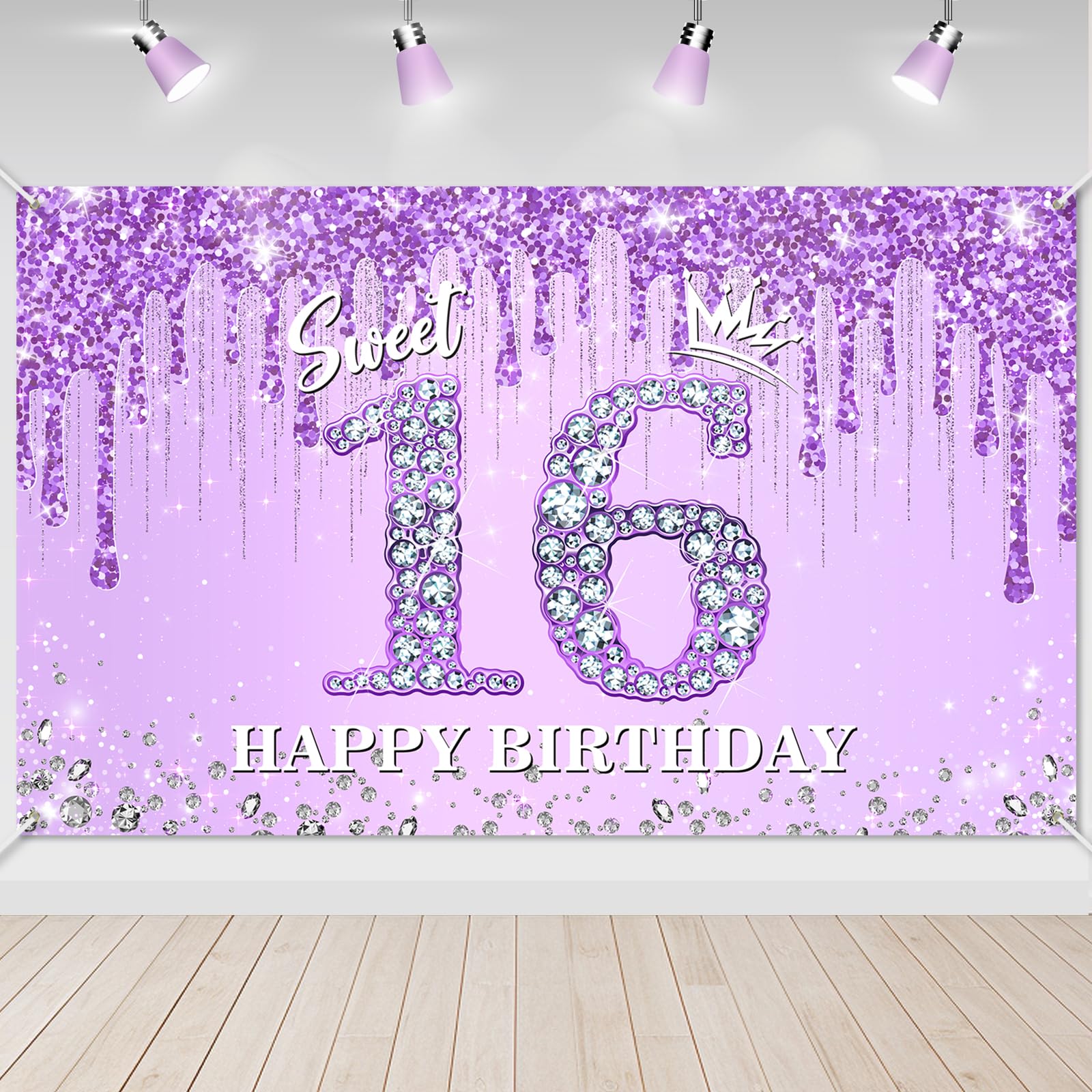 Avezano Sweet 16 Birthday Banner Glitter Purple Diamonds Sweet 16 Party Decorations Sixteen Backdrop for Girls' Birthday Party Supplies 70.8 x 43.3