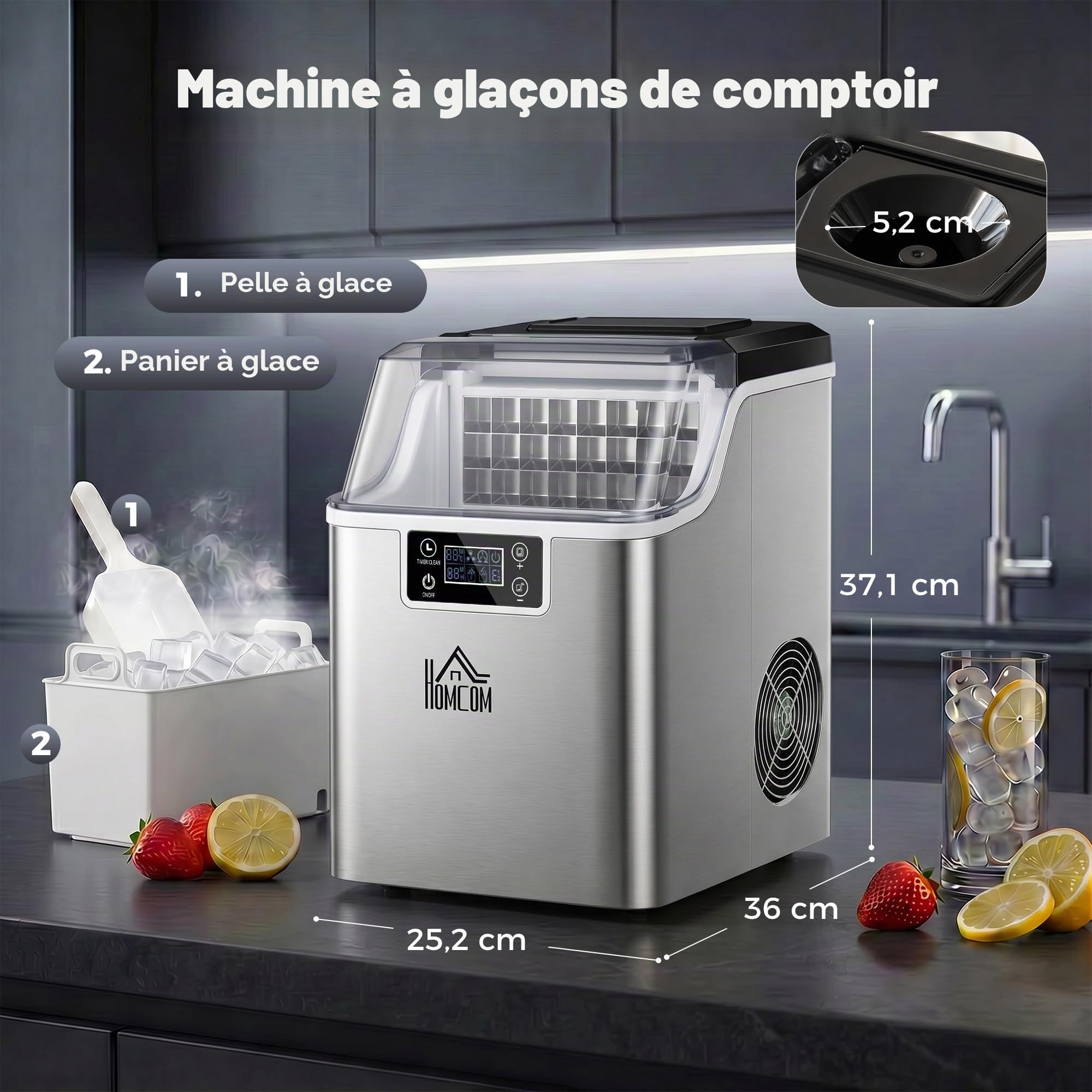 HOMCOM Machine à glaçons, Ice Maker en acier inoxydable 24 glaçons en 14-18 min., 20kg/24h, réservoir d'eau de 3,2L, préparateur de glaçons autonettoyant avec 2 types de remplissage d'eau, pour