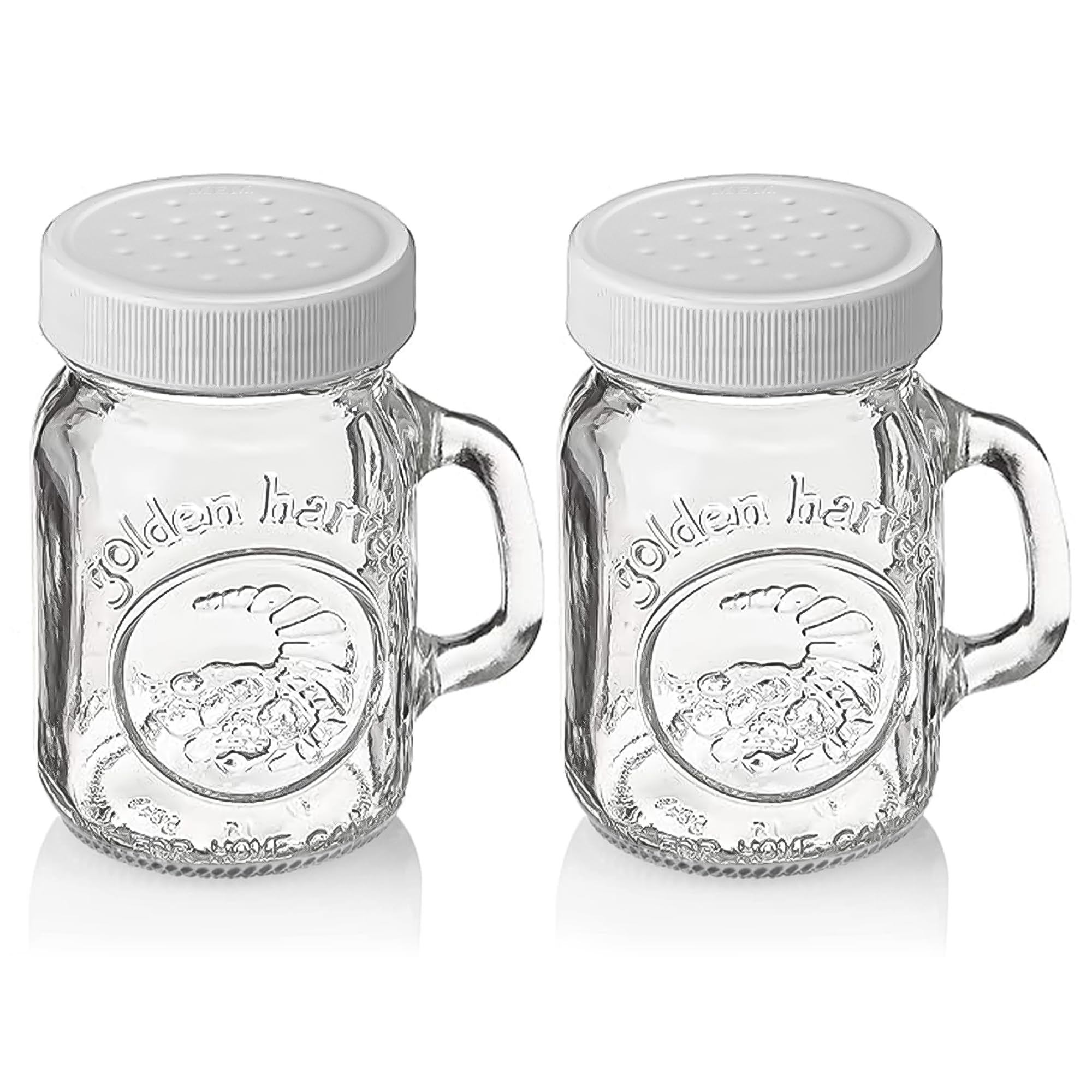 Salt and Pepper Shakers Glass Set With Handle - 4 oz Golden Harvest Ball Mason Jars Glass Salt and Pepper Shakers with White M.E.M Plastic Lids - Perfect for Spices, Table Salt, Black and White Pepper