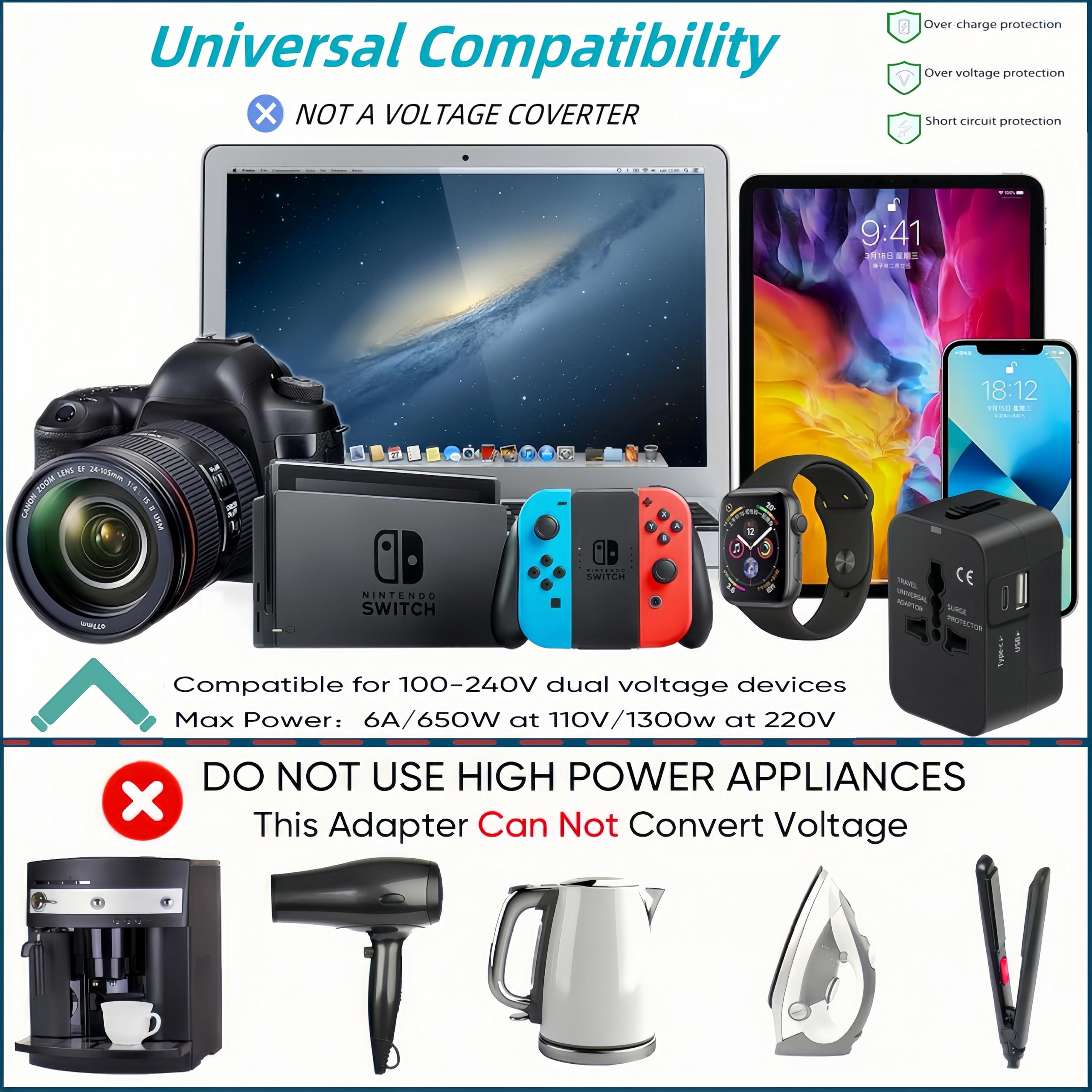 Adattatore Universale da Viaggio,Presa Universale da Viaggio con 1 USB A e 1 USB C,Adattatore da Viaggio Italia Inghilterra Germania America Australia e 150+ Paese