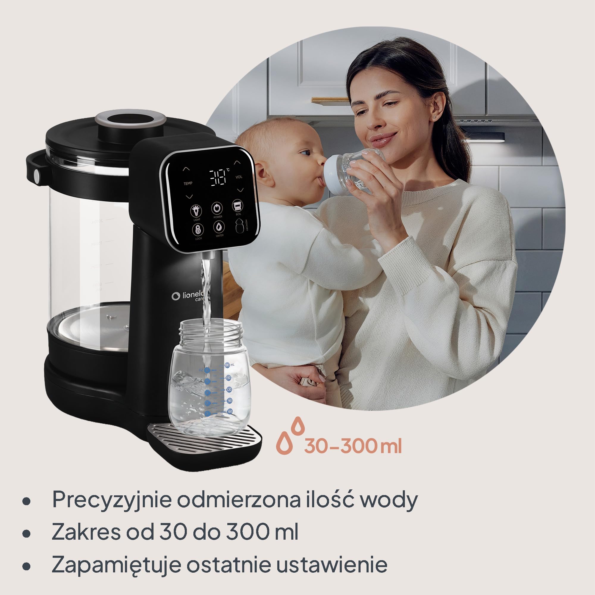 Lionelo Babypresto 2.0 urządzenie do przygotowywania butelek dla niemowląt i ogrzewacz do butelek dla niemowląt o temperaturze 40-100°C, higiena UV, dechlorowanie, dozowanie 30-300 ml, szklany