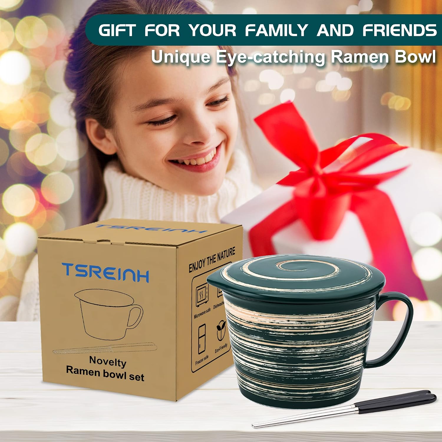 Ramen Bowl Set with Chopsticks, Unique Instant Ramen Noodle Bowls with Lid, 29 OZ Large Ceramic Soup Bowls with Handle, Japanese Ramen Cooker, Microwave safe (Green) image 4