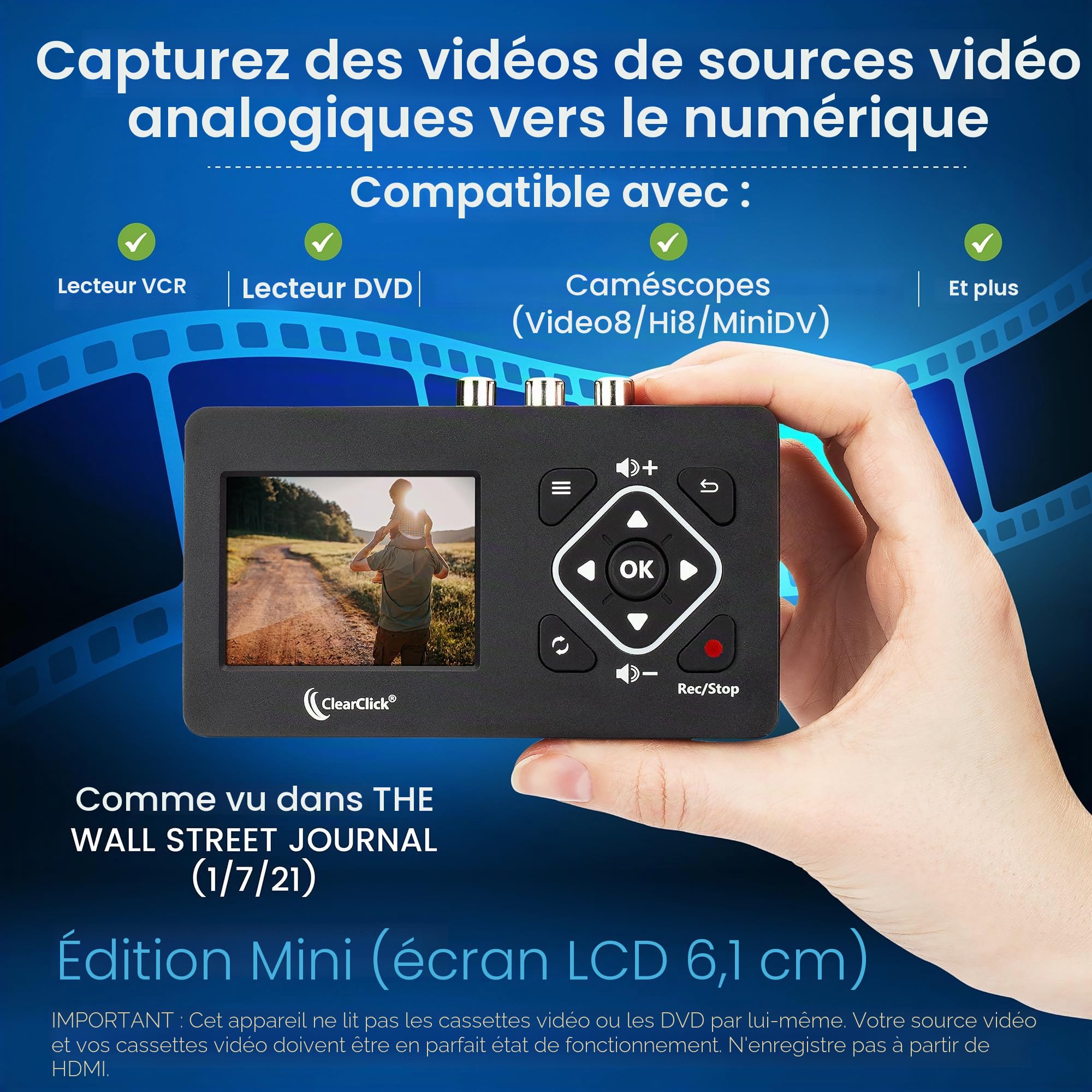 ClearClick Convertisseur vidéo vers numérique 2.0 (deuxième génération) Mini Edition – Enregistrez des vidéos à partir de magnétoscope, Cassettes VHS, AV, RCA, Hi8, caméscope, DVD, systèmes de Jeu