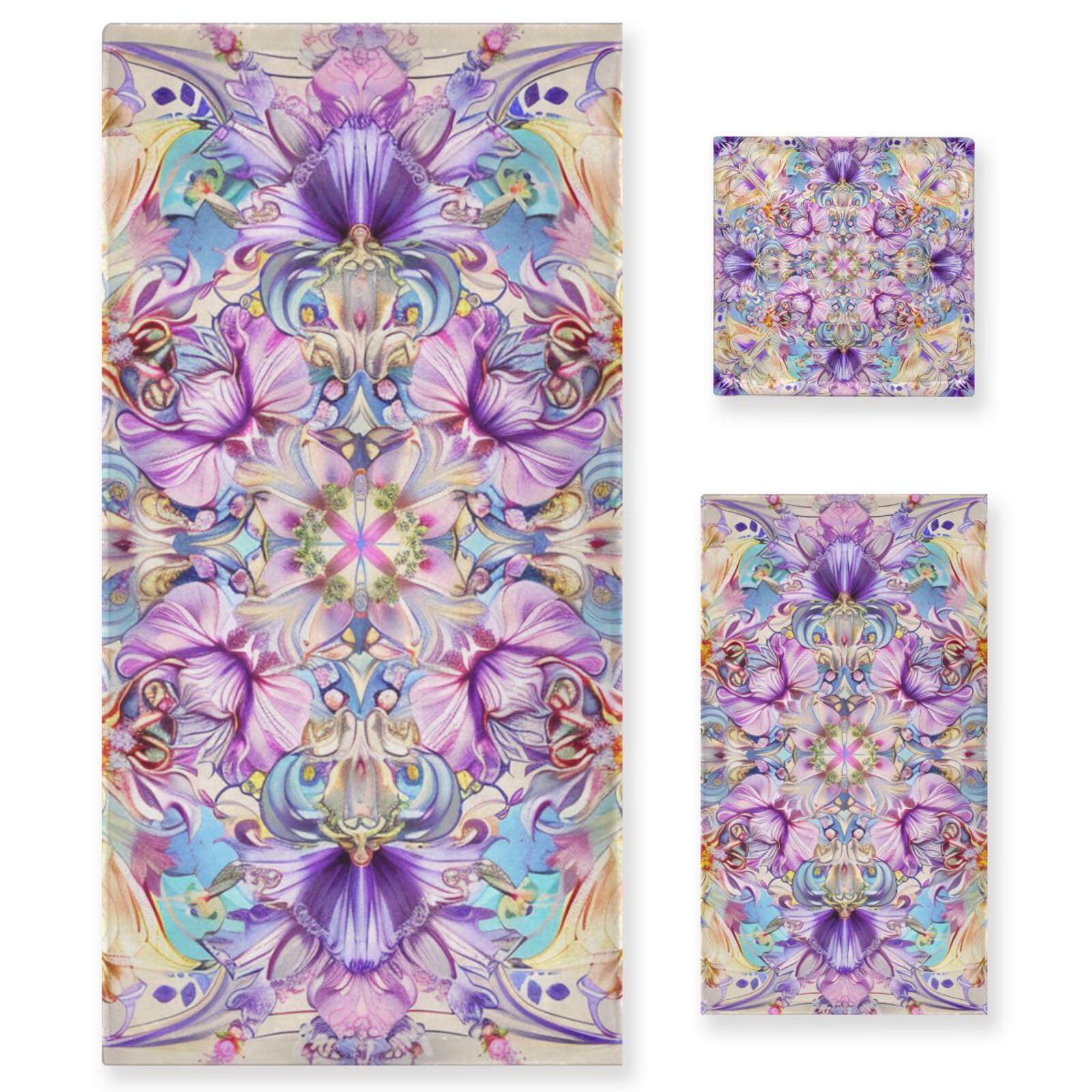 Set di 3 asciugamani decorativi per il viso in stile bohémien, motivo floreale viola, 1 asciugamano da bagno, 1 asciugamano per le mani, 1 panno per la casa, la cucina e la famiglia