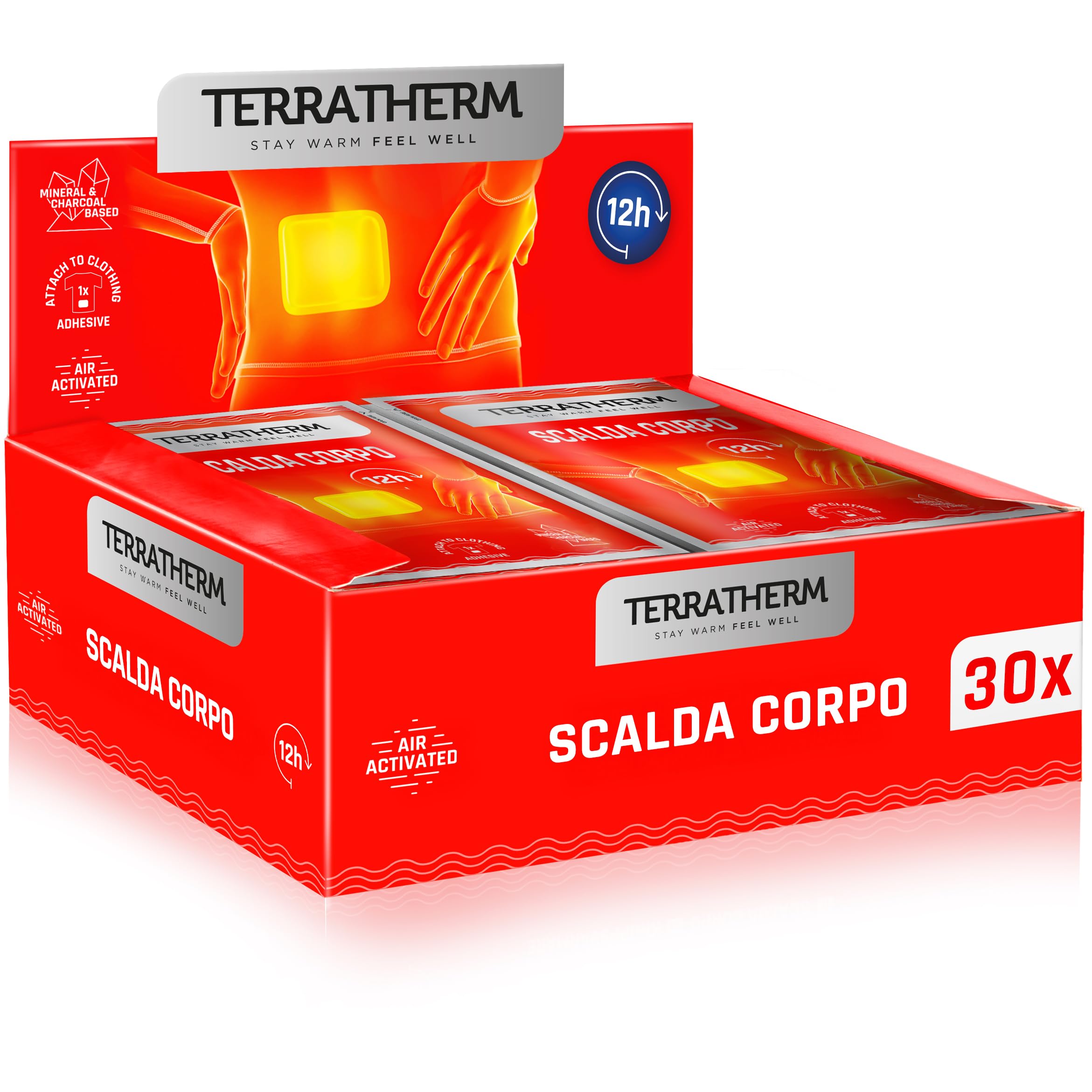 Terratherm Cerotti Riscaldanti Schiena Collo e Spalle 12 Ore Autoadesivi | 30 pezzi – benefico Effetto termico profondo, si attivano all'aria, scalda corpo, calore benefico