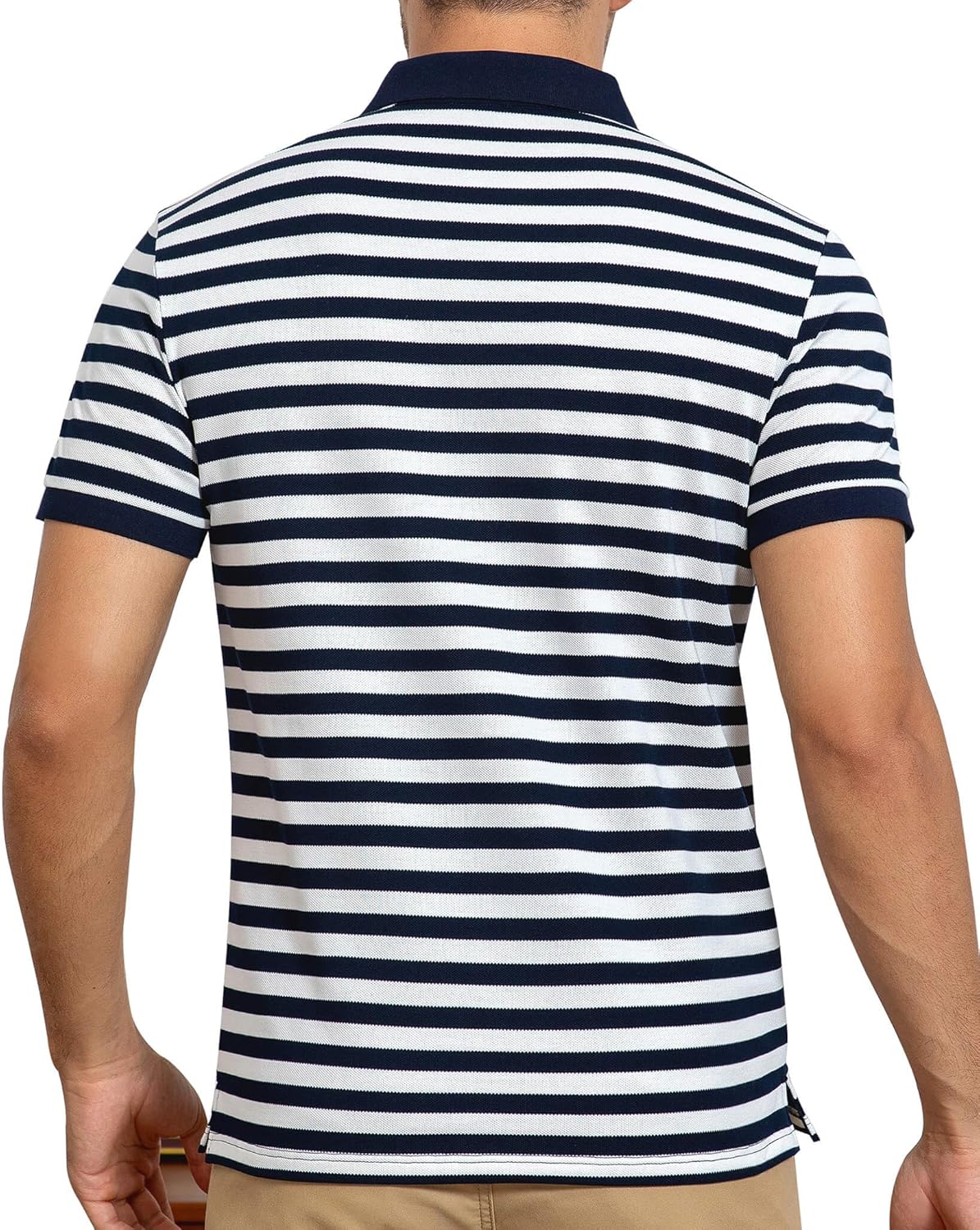 Mens Polo Shirts Short Sleeve Striped Cotton Collar Fitted Pique Work Golf Shirts for Men - Image 2