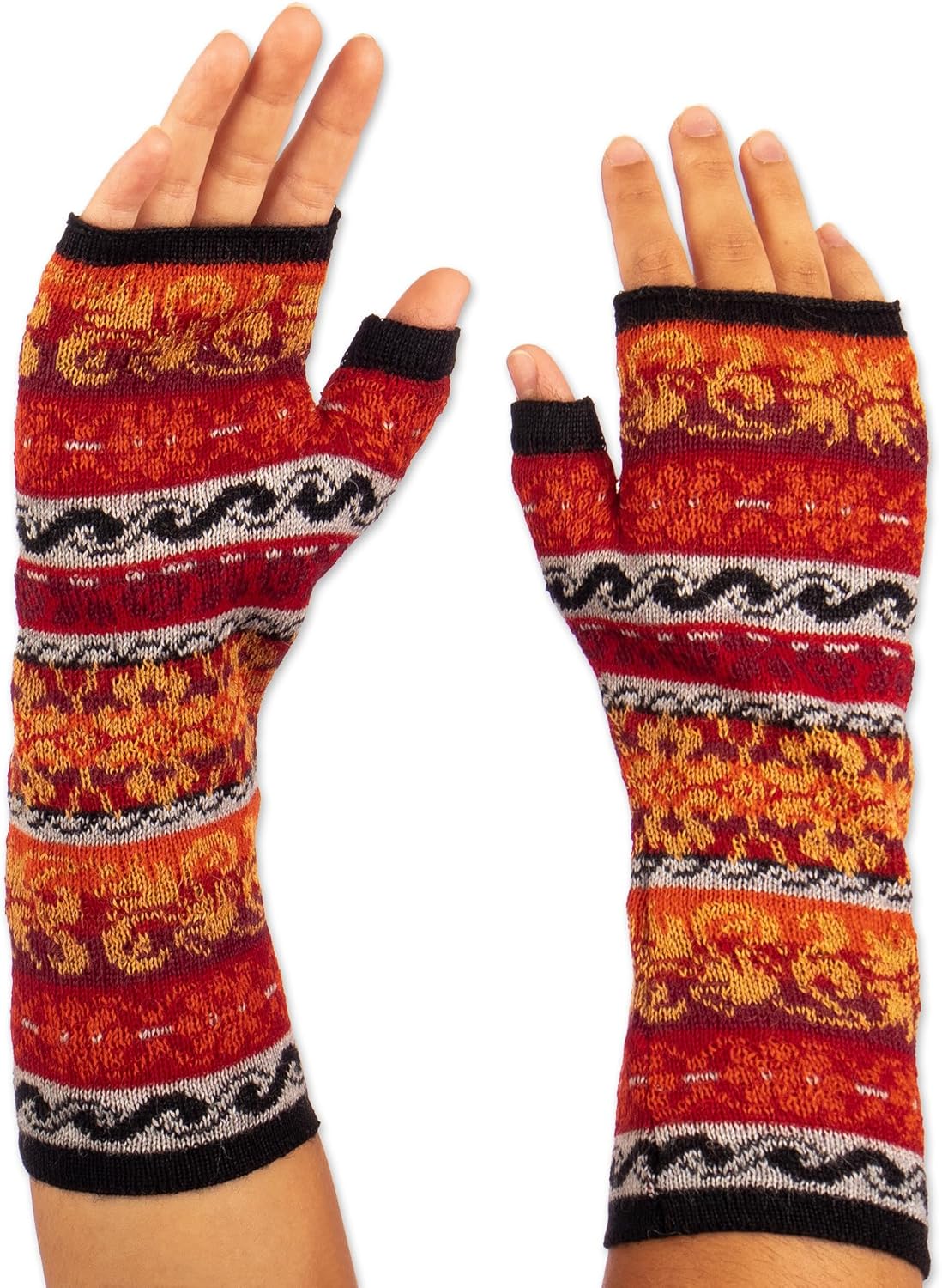 NOVICA Artisan Handmade Alpaca Fingerless Mitts Multicolored Baby Unisex Knit Wool Accessories Gloves Orange Patterned Peru Floral 'Andean Warmth'