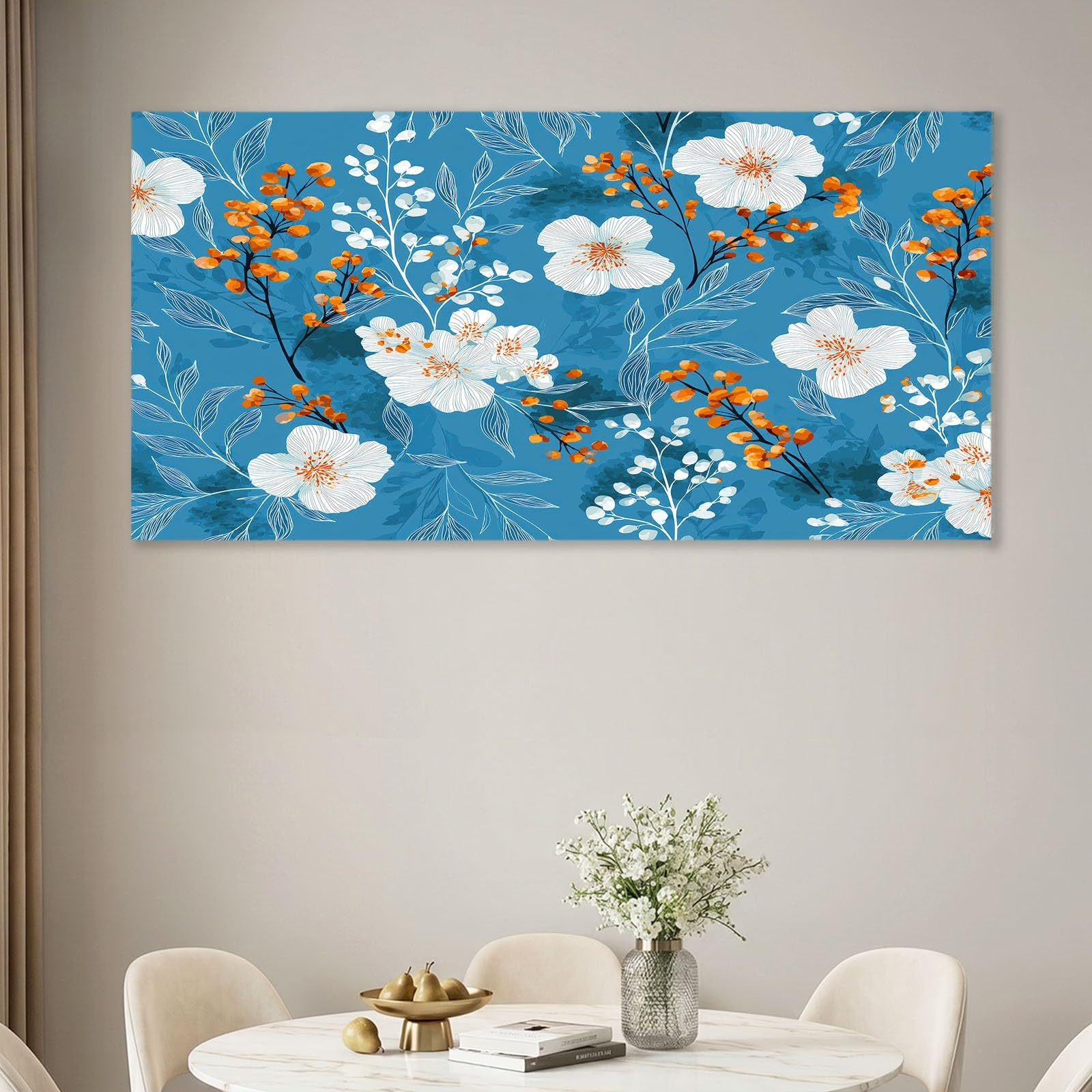 Obrazy na płótnie w stylu vintage, obrazy ścienne do salonu, 100 x 70 cm, druk artystyczny, obrazy na płótnie, niebieskie kwiaty, liście, jagody, dekoracja ścienna do korytarza, sypialni, jadalni i