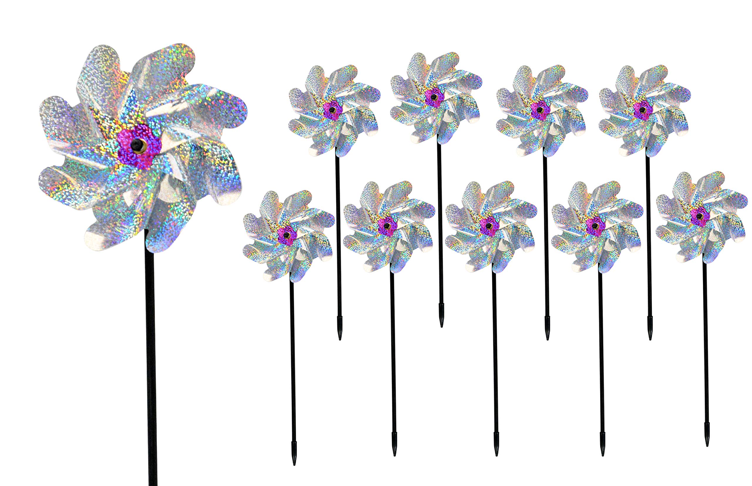 Home-X Holographic Glitter Windmills for The Yard, Wind Spinner Set, Garden Decor, Bird Scare Devices, Pack of 10, 6 ¾” Dia. x 17" H, Shiny Silver