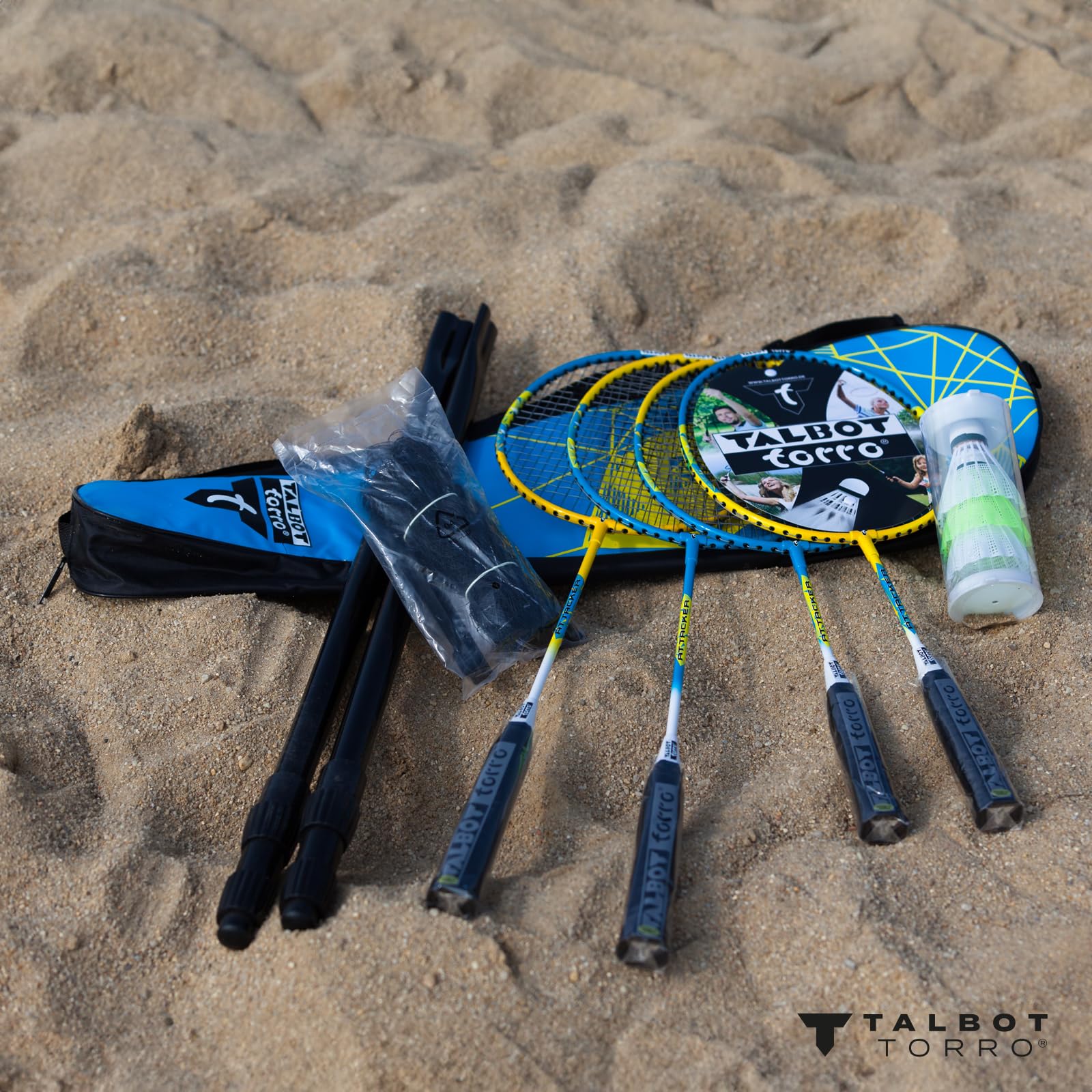 Talbot-Torro Badminton-Set Family, Komplettset mit 2 Juniorschläger 53 cm, 2 Standardschläger, 3 Federbälle, höhenverstellbare Netzgarnitur, in wertiger Tasche