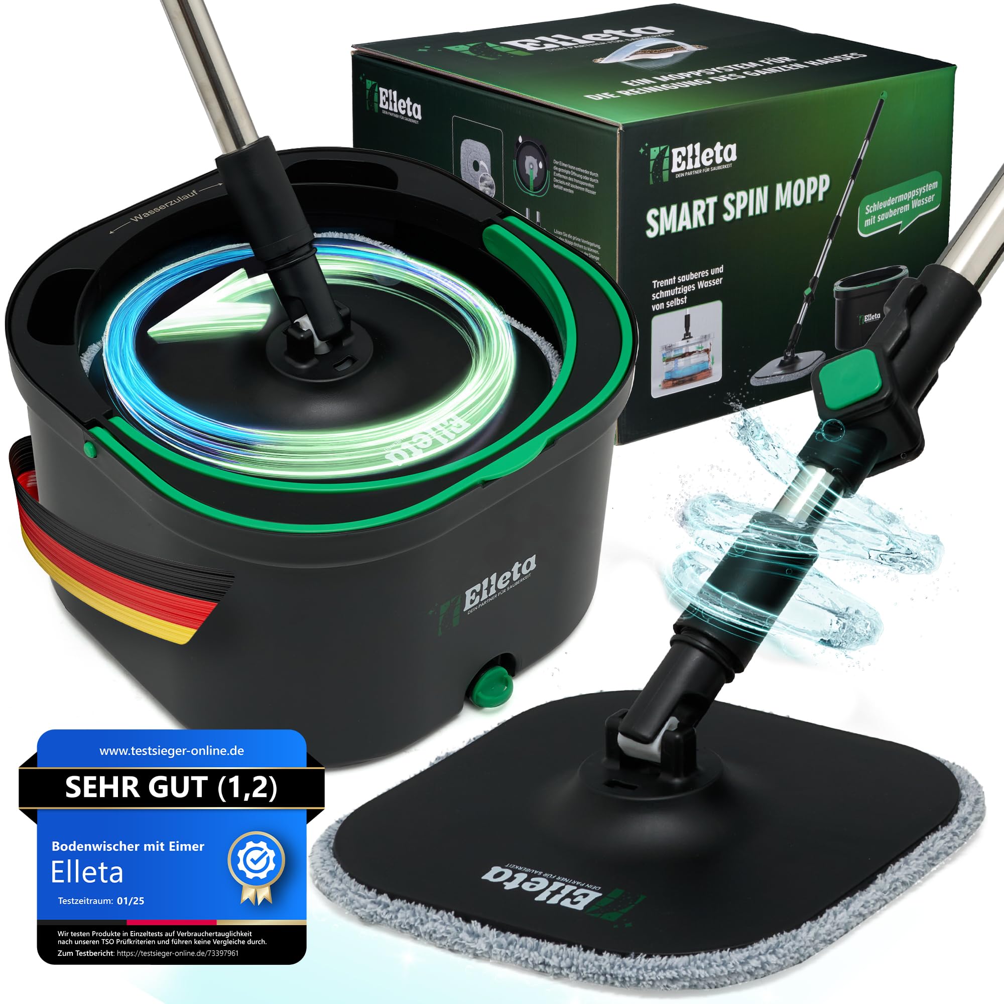Wischmopp Set mit Eimer - 360° drehbarer Wischer für den Boden, Bodenwischer Mop Set & Wischeimer | Innovative Mikrofaser-Pads als Staub- & Schmutzmagnet, Wischmop & Putzeimer mit 2-Kammer-System
