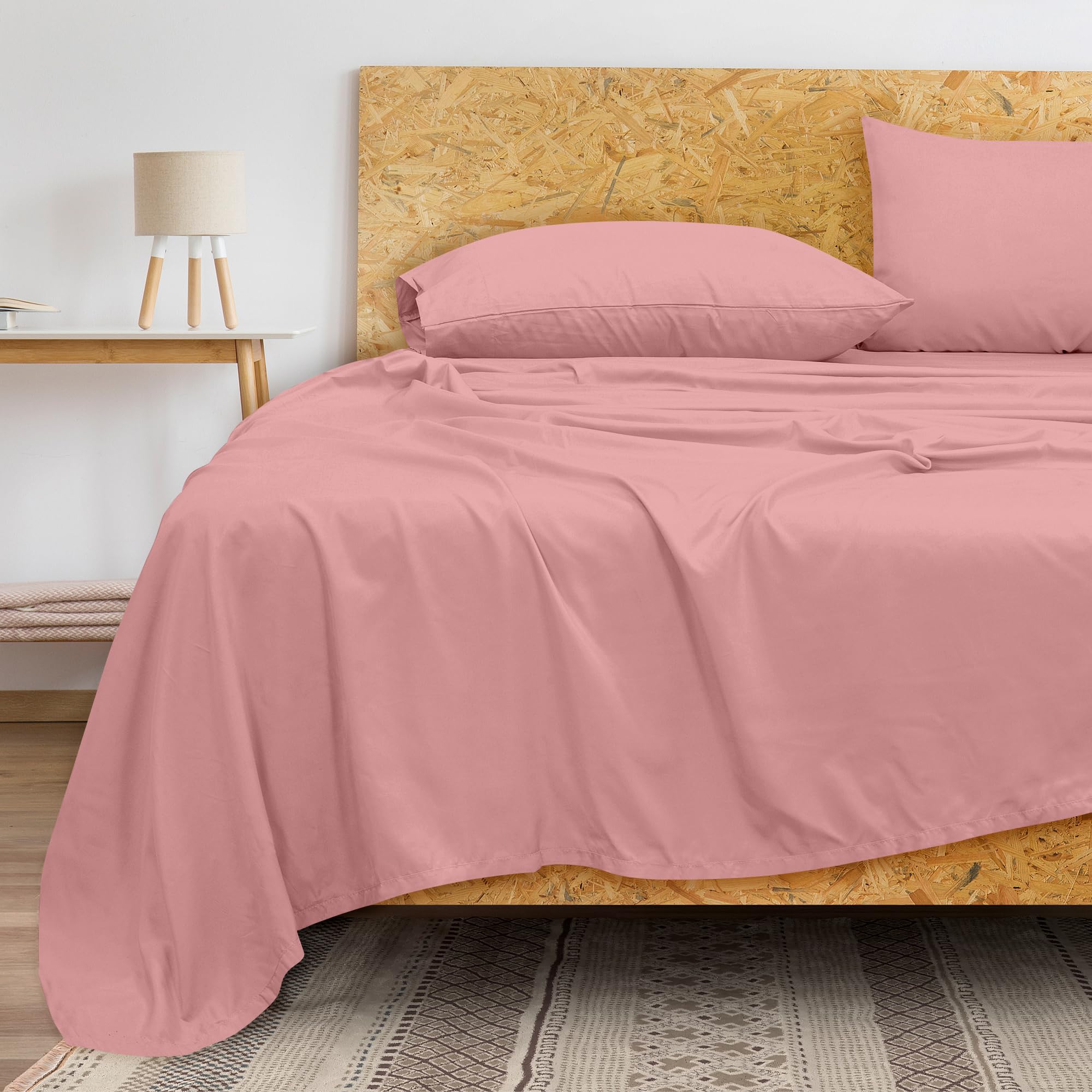 ROYALE LINENS - Sábana encimera de 100 % algodón peinado de fibra larga, 300 hilos, ultrasuave, sábana superior, transpirable, fresca y crujiente, solo sábana encimera de percal (individual, rosa)