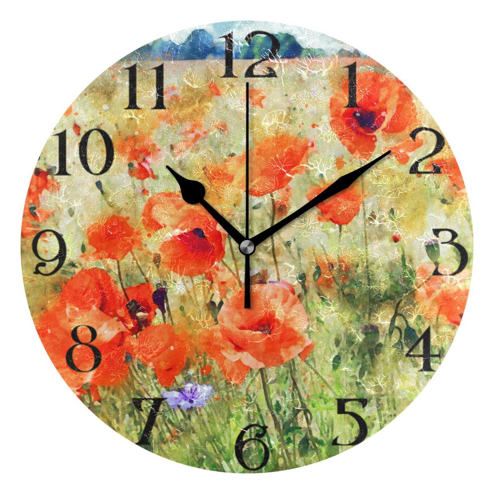 Mnsruu Large Wall Clocks, Field Red Poppies Non Ticking 25cm Clock Silent Clocks Atomic Analog Clocks Living Room Kitchen Bedroom Office Home Decor Easy to Read — image 1