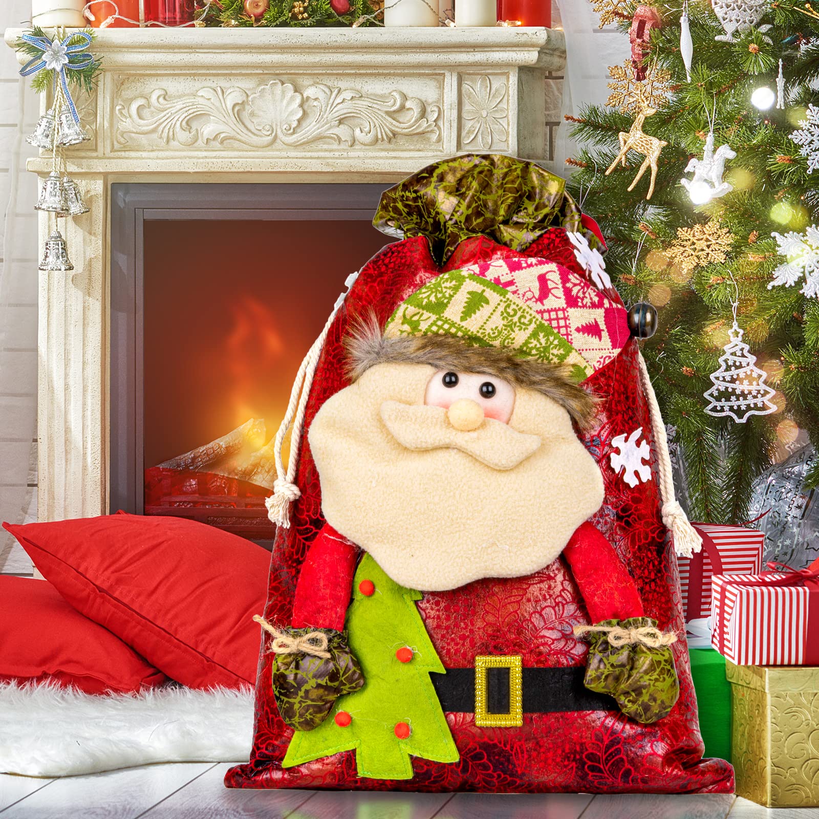 Whaline Jumbo Christmas Drawstring Bag 3D Santa Claus Sack with Bell 21.7 x 12.6 Inch Gift Present Storage Holder Fabric Christmas Party Bags for Family Members Friends Party Favor Decoration
