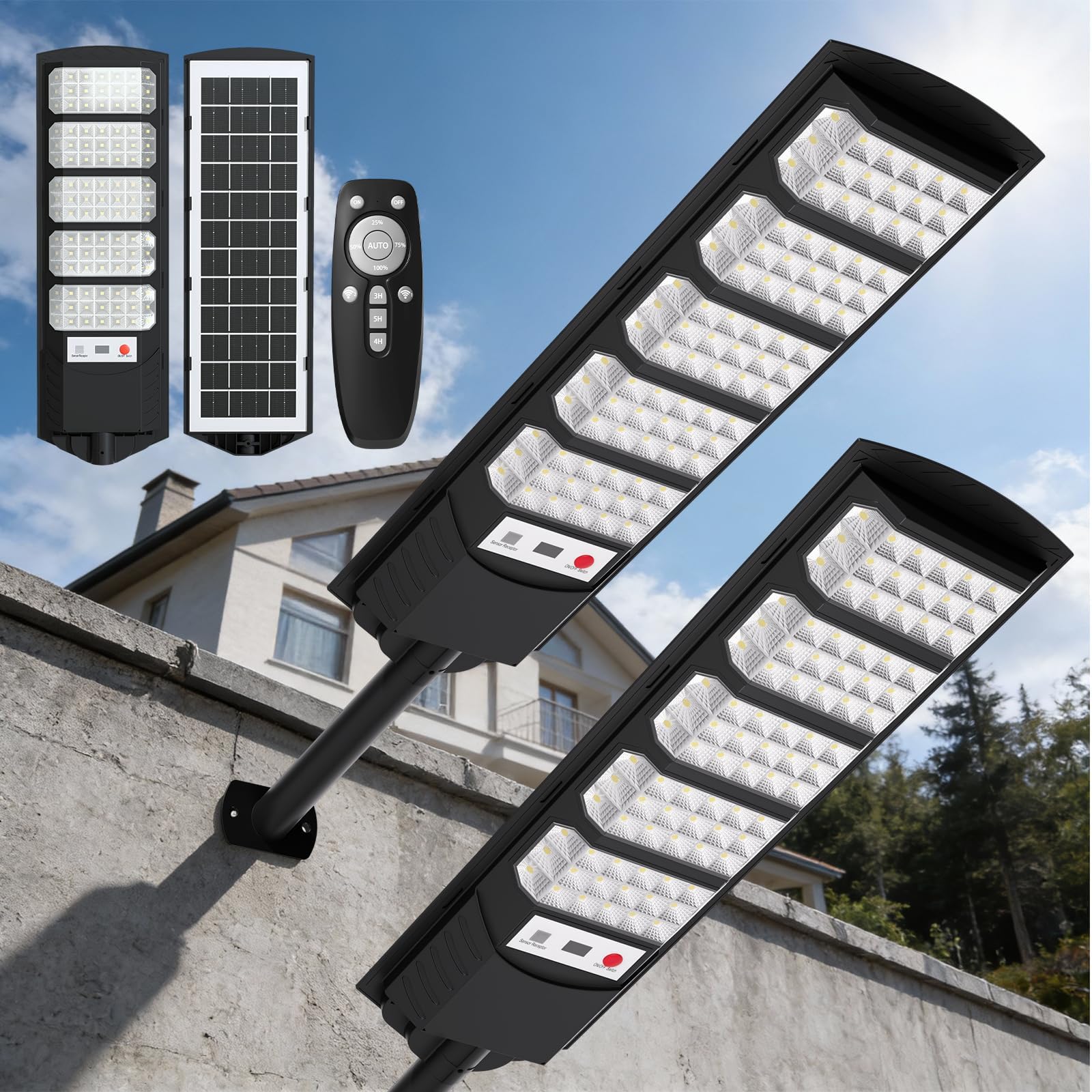 VBOK IGEF Farolas Solares Exteriores,Potente Farola Solar con Sensor de Movimiento,Gran Angular de 320°, 6500K Impermeable Foco Solar Luz de Seguridad para Jardín, Patio, Parcela(2 piezas)