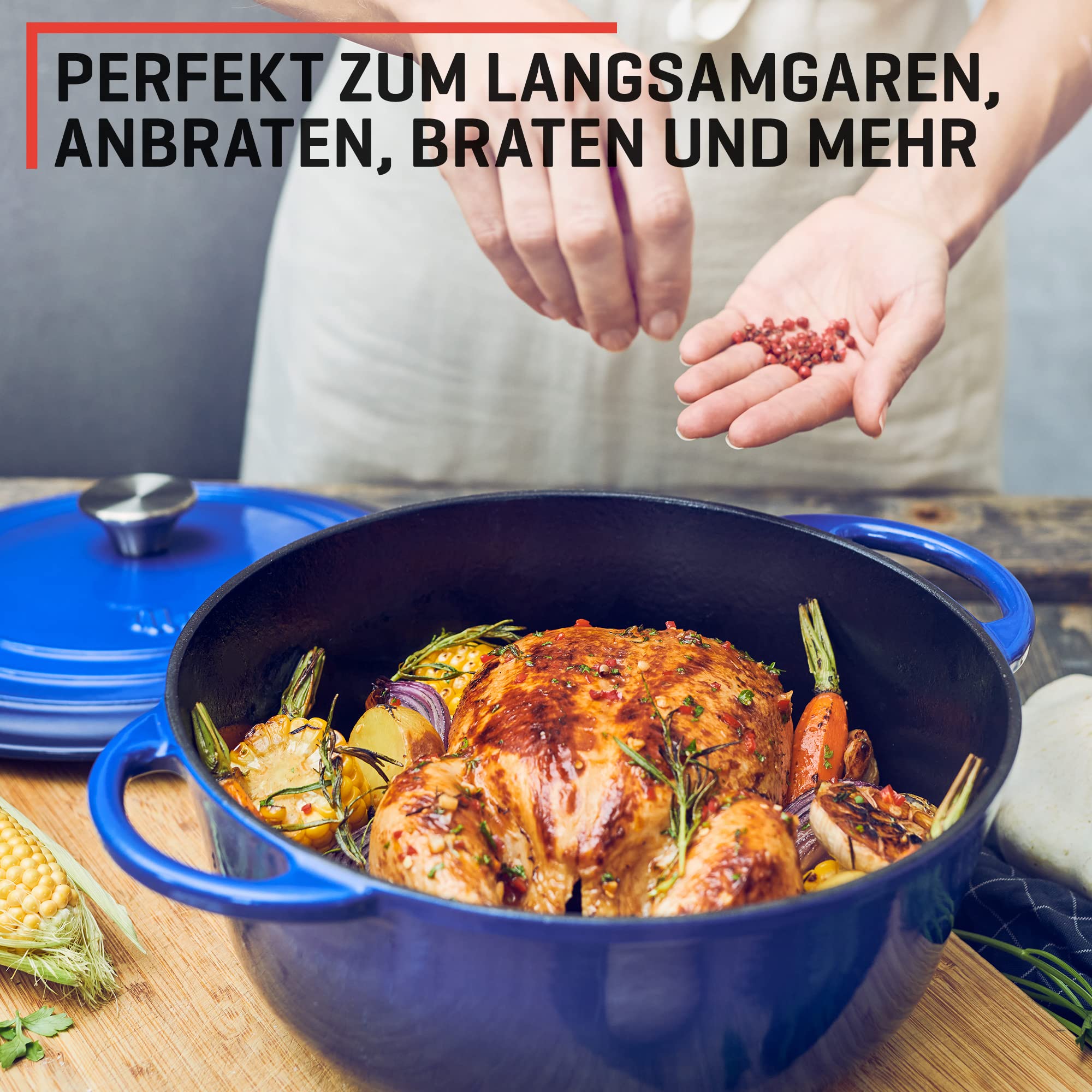Uno Casa Blau Emaillierter Dutch Oven Gusseisen Topf - Dutch Oven 6 Liter Bräter mit Deckel, Langlebig, Natürliche Antihaft-Emaille-Beschichtung mit Silikongriffen und Untersatz