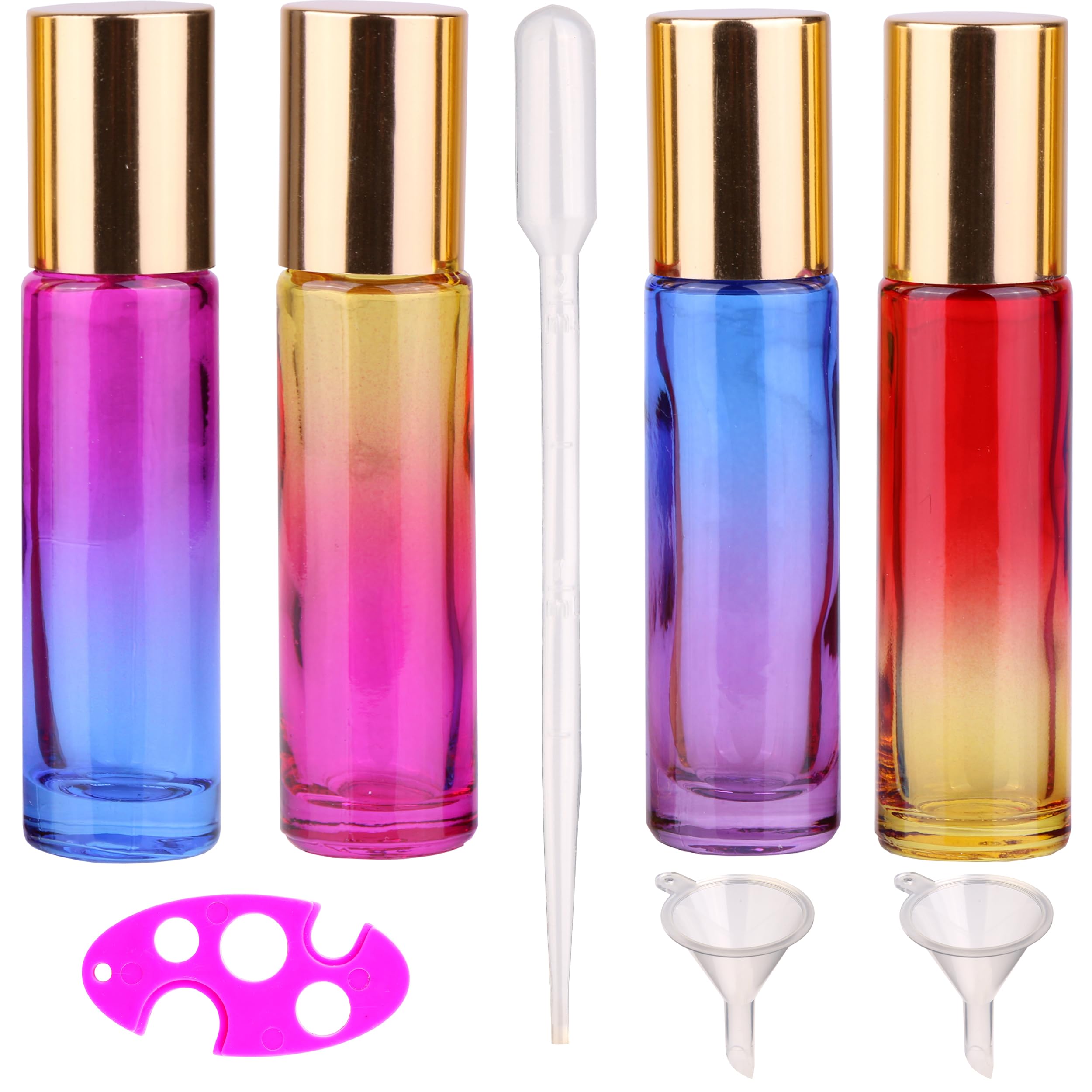 inice 4 x 10 ml Rollerflaschen für ätherische Öle, Farbverlauf, Glasflasche auf Edelstahlkugel mit goldener Metallkappe