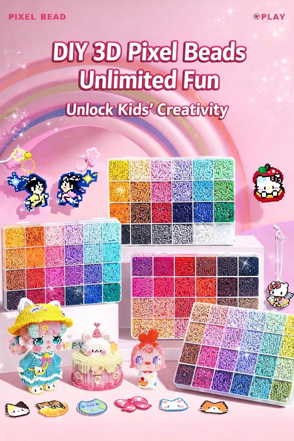 WAQGIKL Pixel Bead DIY 3D Pixel Bead Kit, Multi-Color, Creative Craft Set for Kids, Unlimited Fun, Unlocks Creativity，Perler Beads (24 Color Luxury Full Set with Iron)