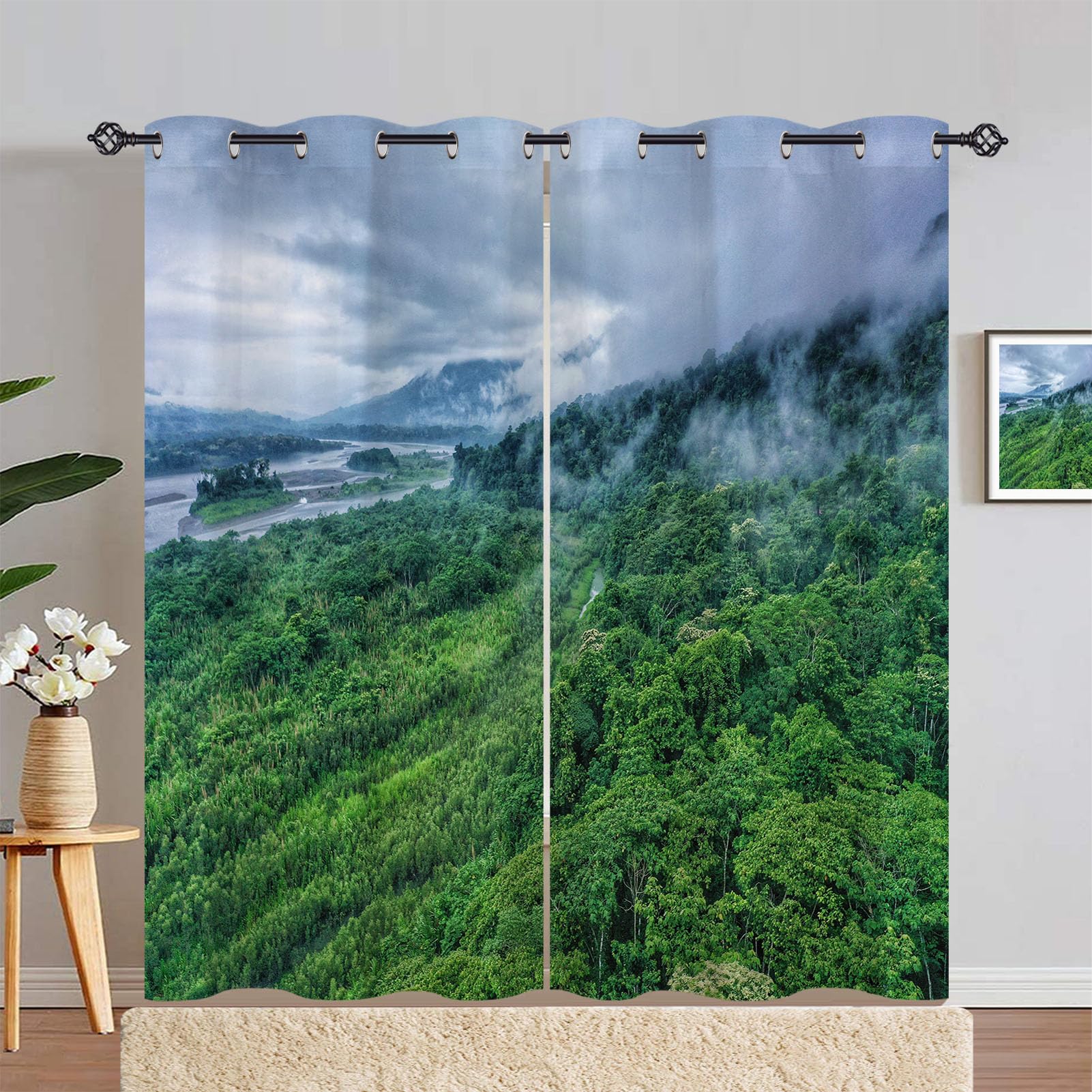 ANHOPE Nature Curtains Eyelet Ring Top Soft Thermal Insulated Blackout Curtains Misty Jungle Rainforest River Print Pattern Decorative Window Drapes for Bedroom Living Room 55 x 84 Inch 2 Panels โ image 1