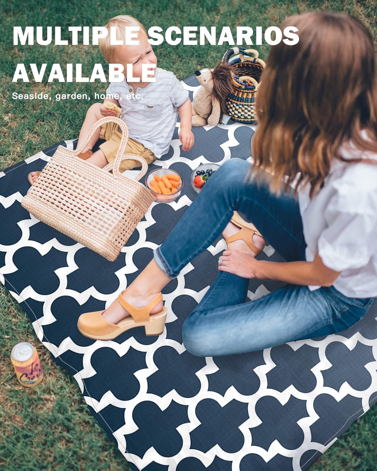 Moroccan Geometric Pattern Beach Blanket Waterproof Sandproof Outdoor Picnic Mat 95"x80" Color Gradient Lightweight Large Beaach Blankets with 4 Stake & 4 Corner Pockets