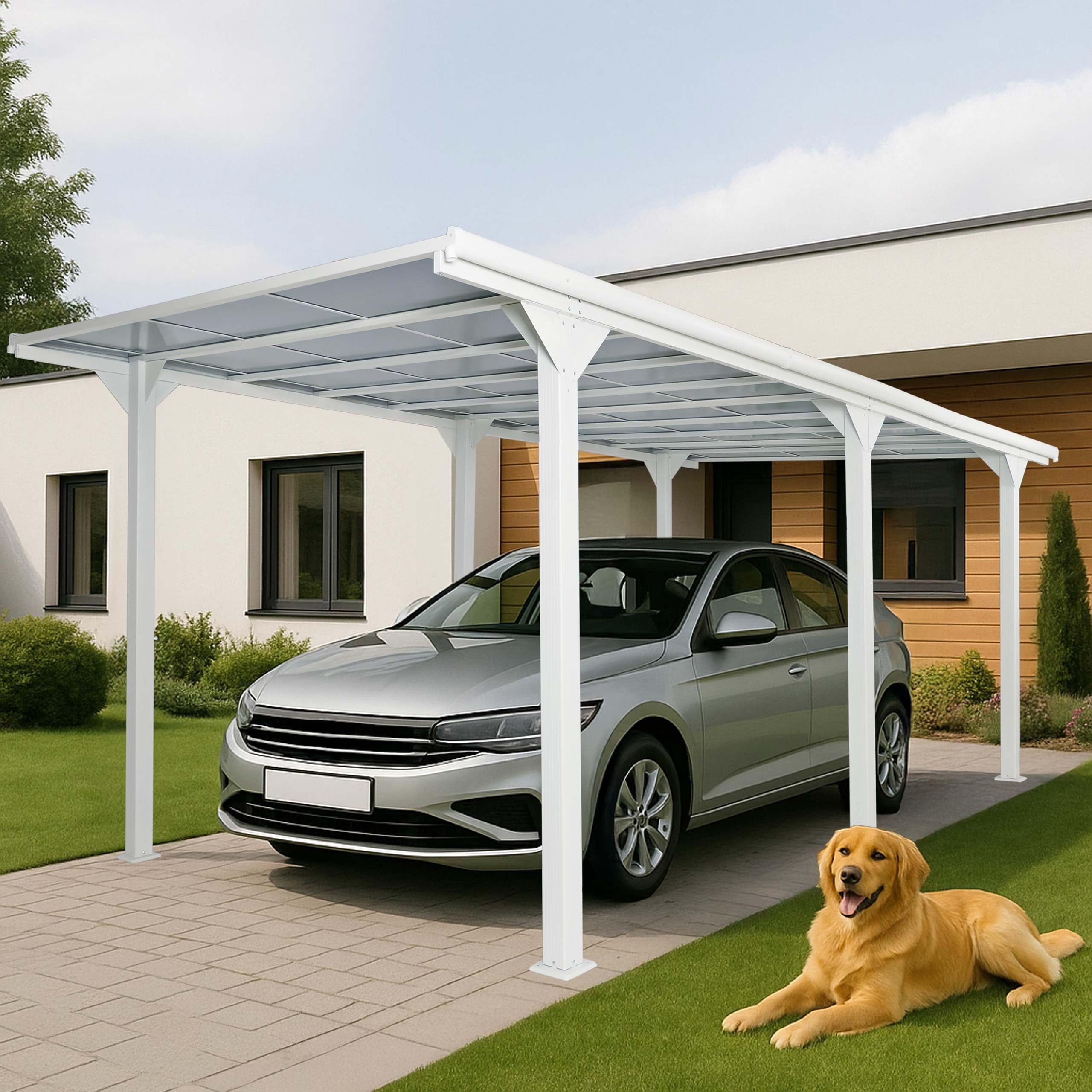 PROREGAL Alu-Carport, HxBxT 249x604x316 cm, 10cm-Gestell Polycarbonat-Dach Regenrinne, 3x6m, Weiß, Autoüberdachung Garage Unterstand